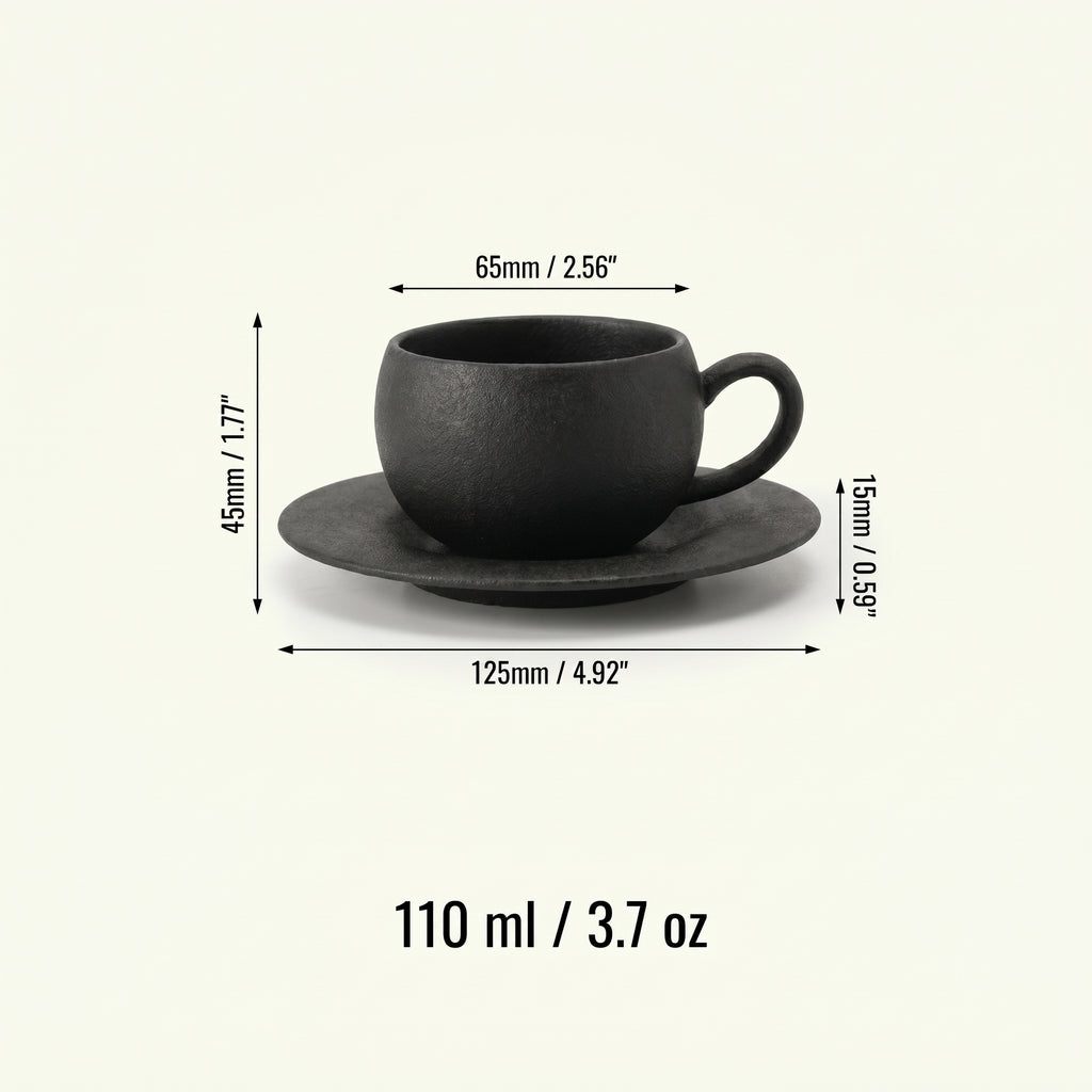 Technical sizing schematic detailing the 110 ml capacity, 45 mm cup height, 65 mm cup diameter, and 125 mm saucer width measurements for the smaller Ando espresso cup.