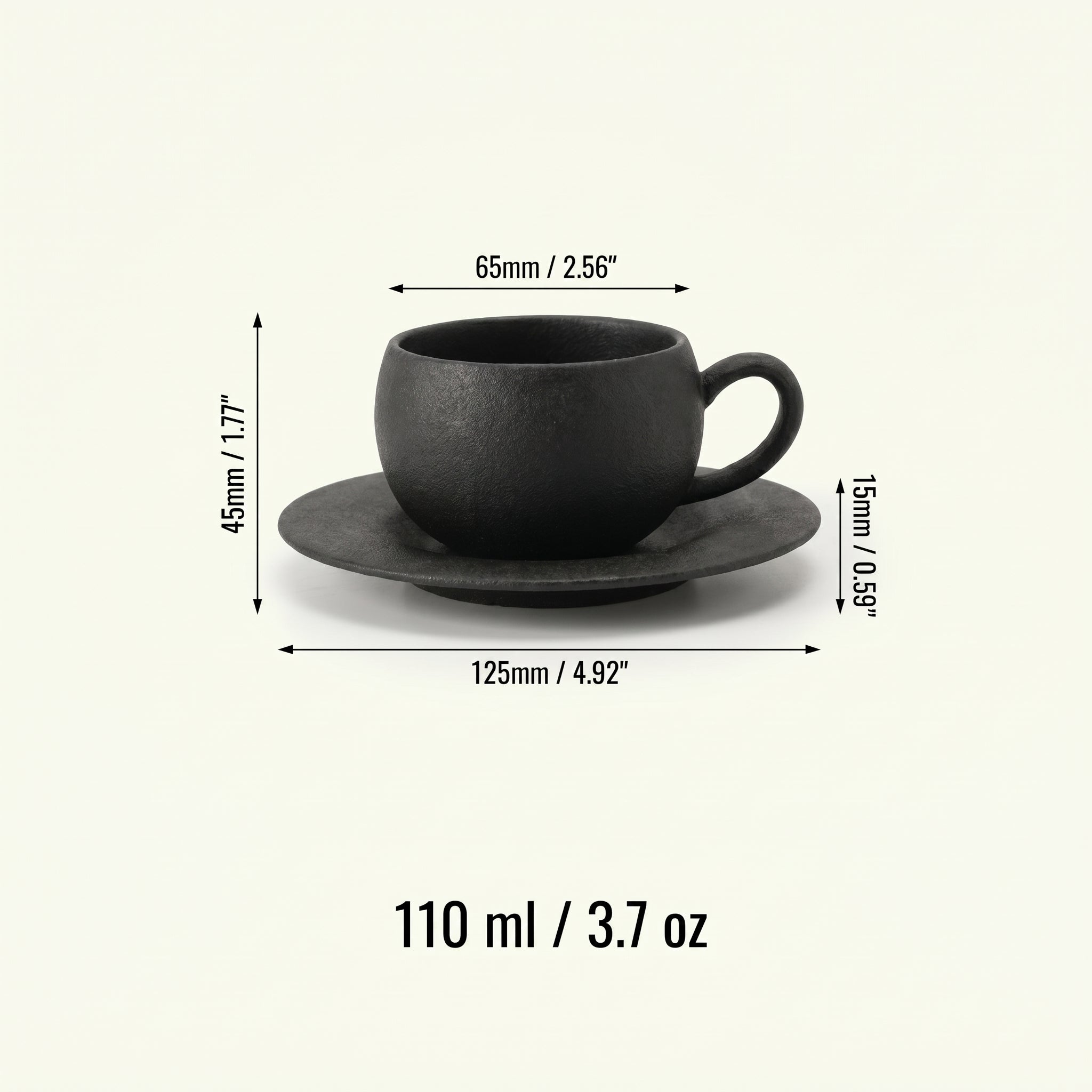 Technical sizing schematic detailing the 110 ml capacity, 45 mm cup height, 65 mm cup diameter, and 125 mm saucer width measurements for the smaller Ando espresso cup.