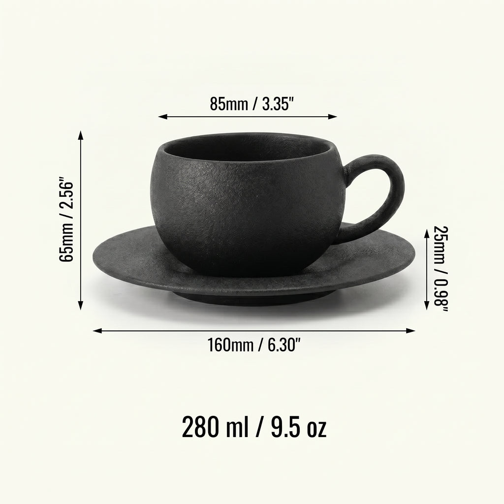 Technical sizing schematic detailing the 280 ml capacity, 65 mm cup height, 85 mm cup diameter, and 160 mm saucer width measurements for the larger Ando latte cup.