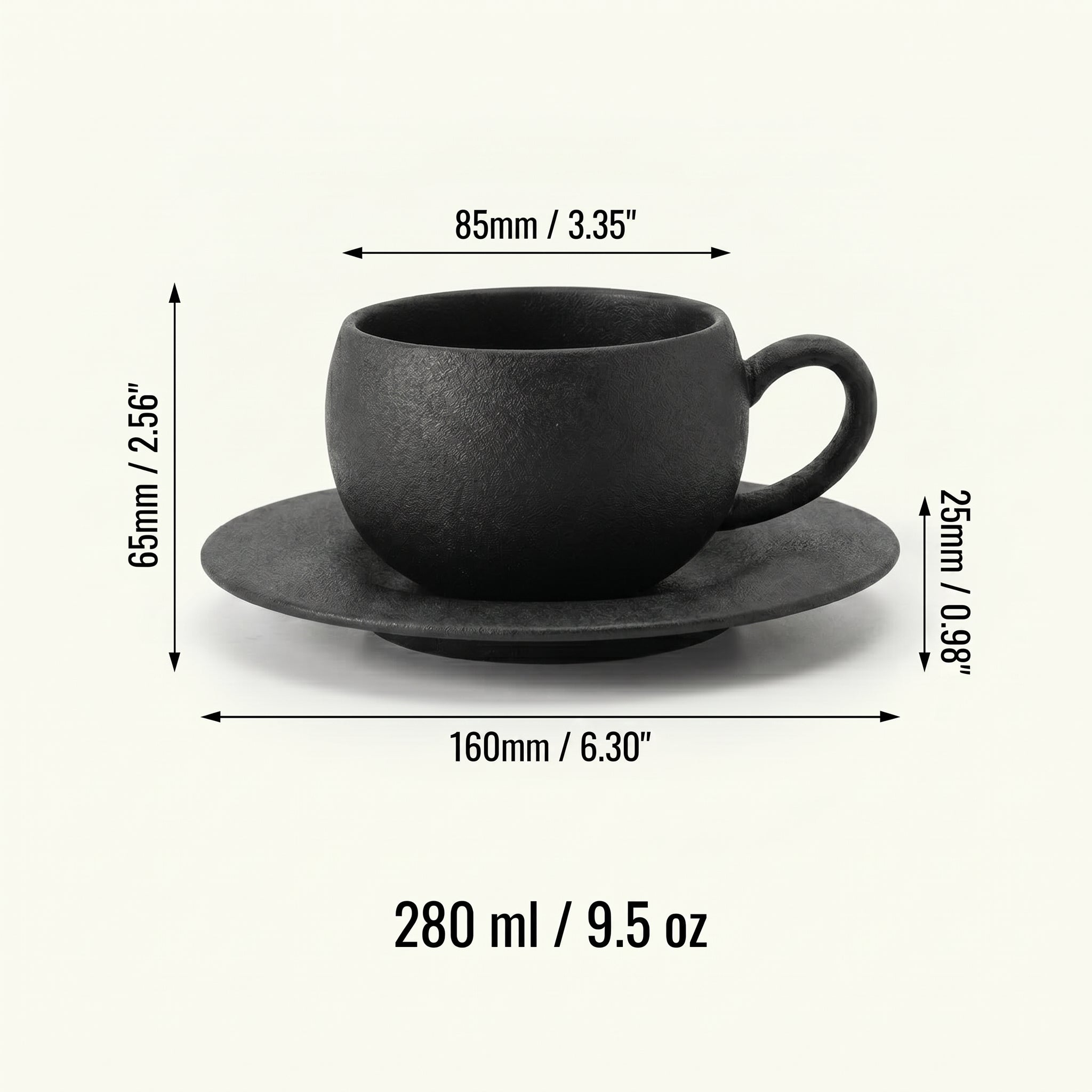 Technical sizing schematic detailing the 280 ml capacity, 65 mm cup height, 85 mm cup diameter, and 160 mm saucer width measurements for the larger Ando latte cup.