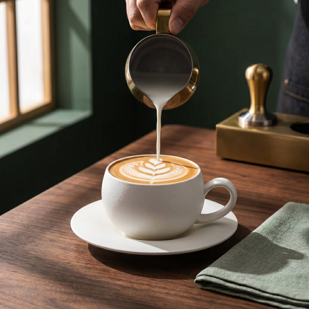Textured microfoam milk pouring from a stainless steel pitcher into the off-white Pumice variant of the Ando ceramic cup on a sunlit wooden bar.