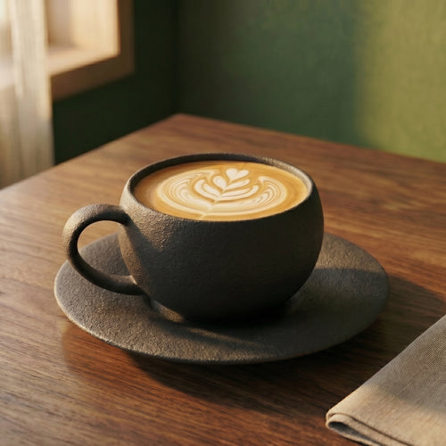 The Basalt variant of The Ando textured ceramic cup and saucer displaying detailed poured latte art on a rich walnut tabletop.