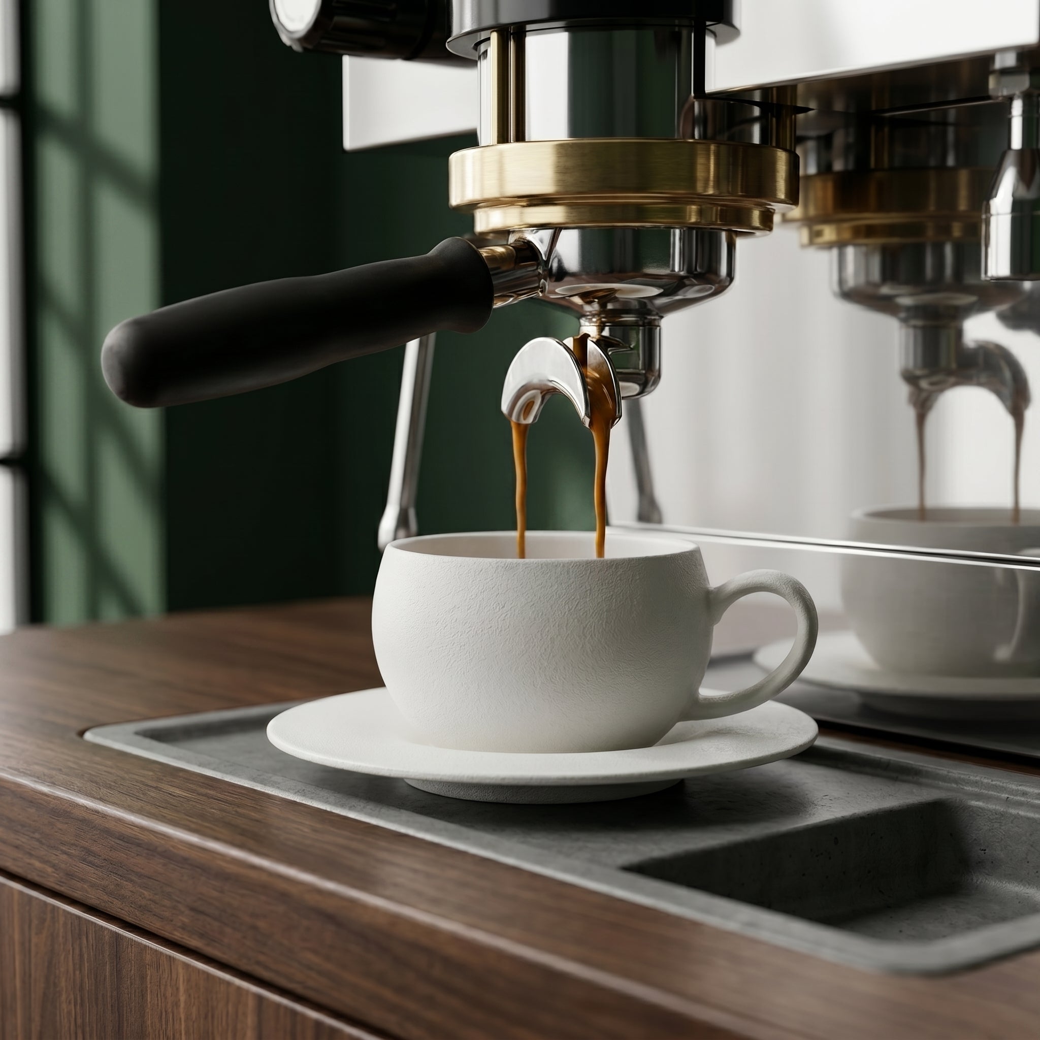 Fresh espresso streaming from a bottomless portafilter into the thick-walled Pumice ceramic cup resting on a commercial espresso machine drip tray.