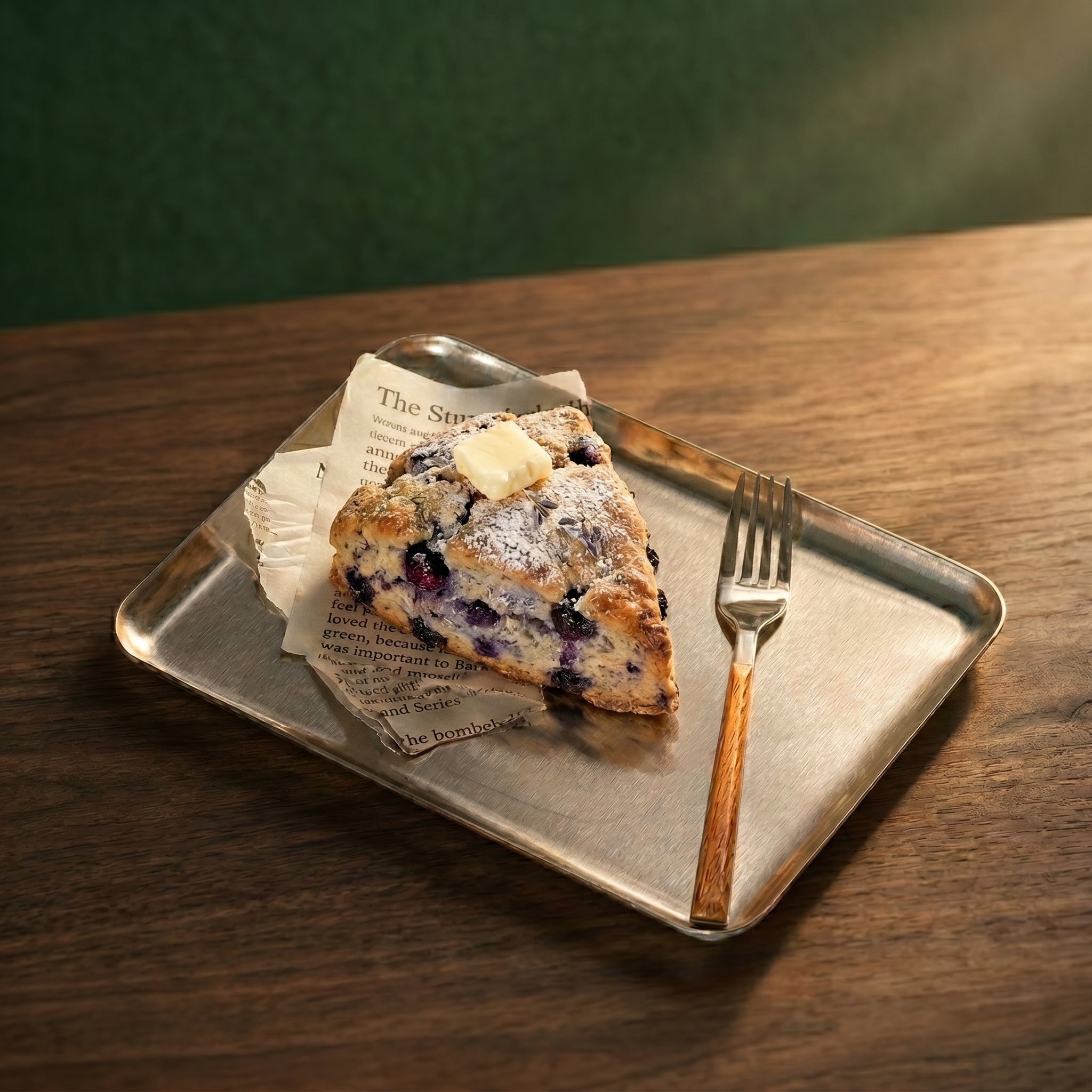A gourmet blueberry scone with butter resting on parchment liner atop The Carson brushed service platter with a wood-handled fork on a walnut table.