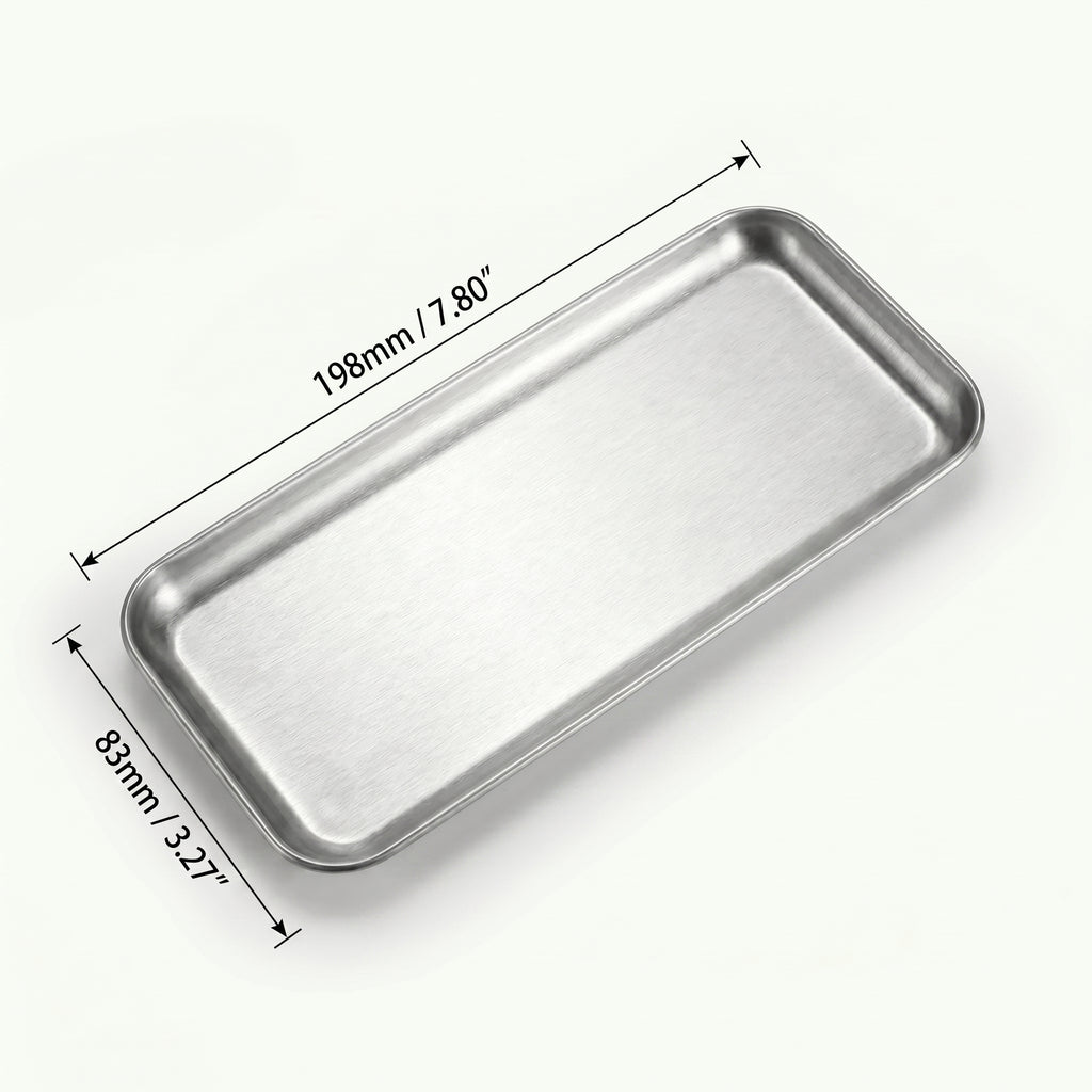 Sizing schematic documentation showing the 198 mm linear length and 83 mm width measurements of a narrow rectangular Carson steel platter against a clean background.