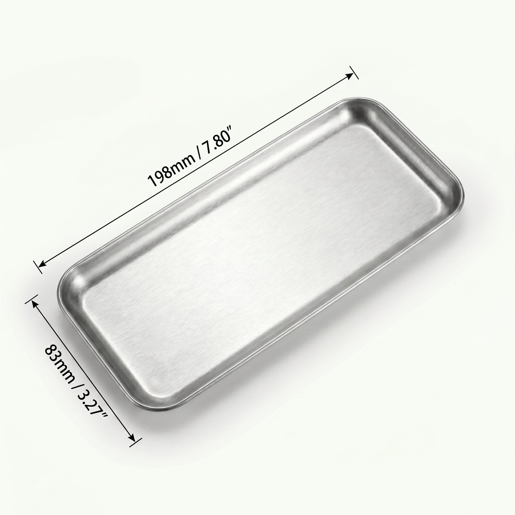 Sizing schematic documentation showing the 198 mm linear length and 83 mm width measurements of a narrow rectangular Carson steel platter against a clean background.