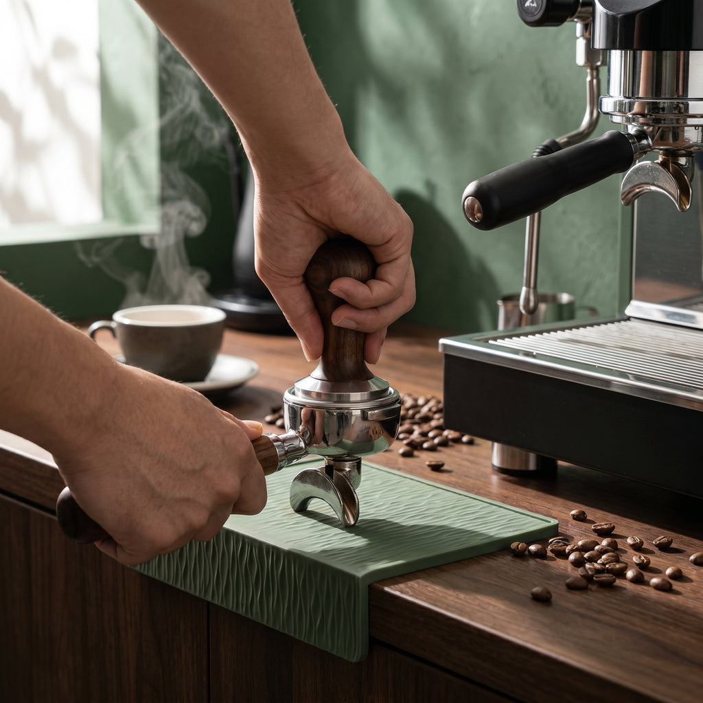Close-up of a barista's hands using a wooden tamper to press espresso grounds into a portafilter on a green protective corner silicone mat.