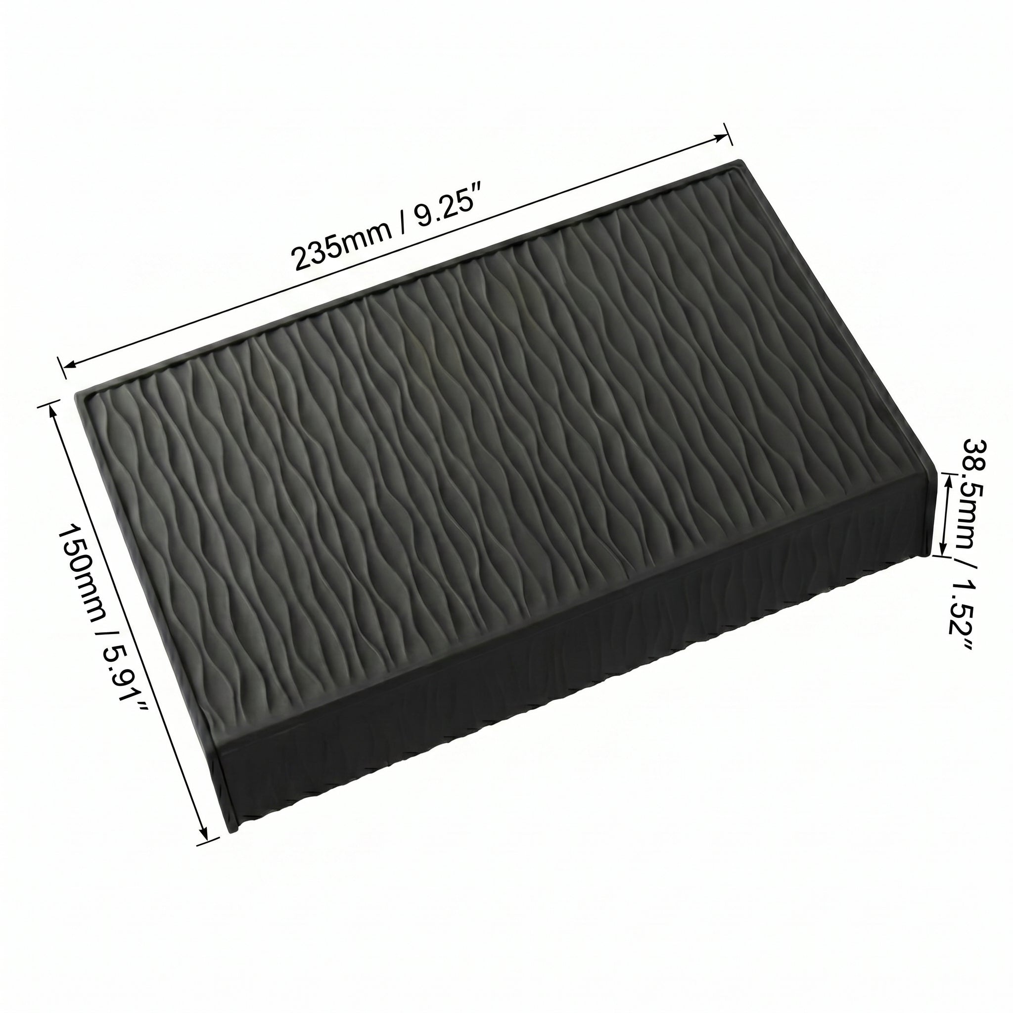 Technical scale layout showing the millimetric width and counter lip depth of the extended obsidian black silicone tamping station.
