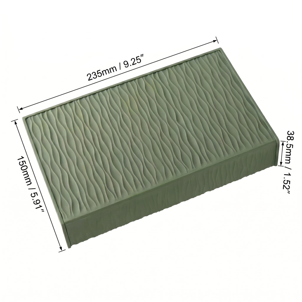 Sizing blueprint detailing width, length, and depth dimensions for the extended laurel green barista workstation mat.