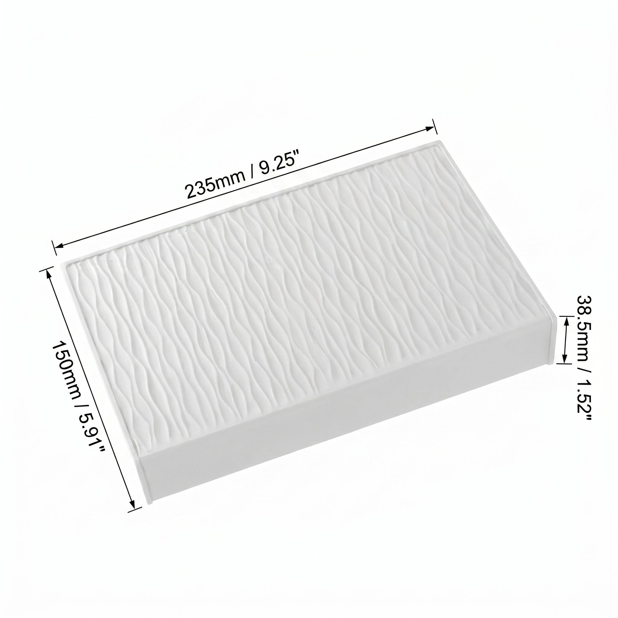 Technical dimension matrix for the large slate grey modular distribution and tamping workspace protection pad.