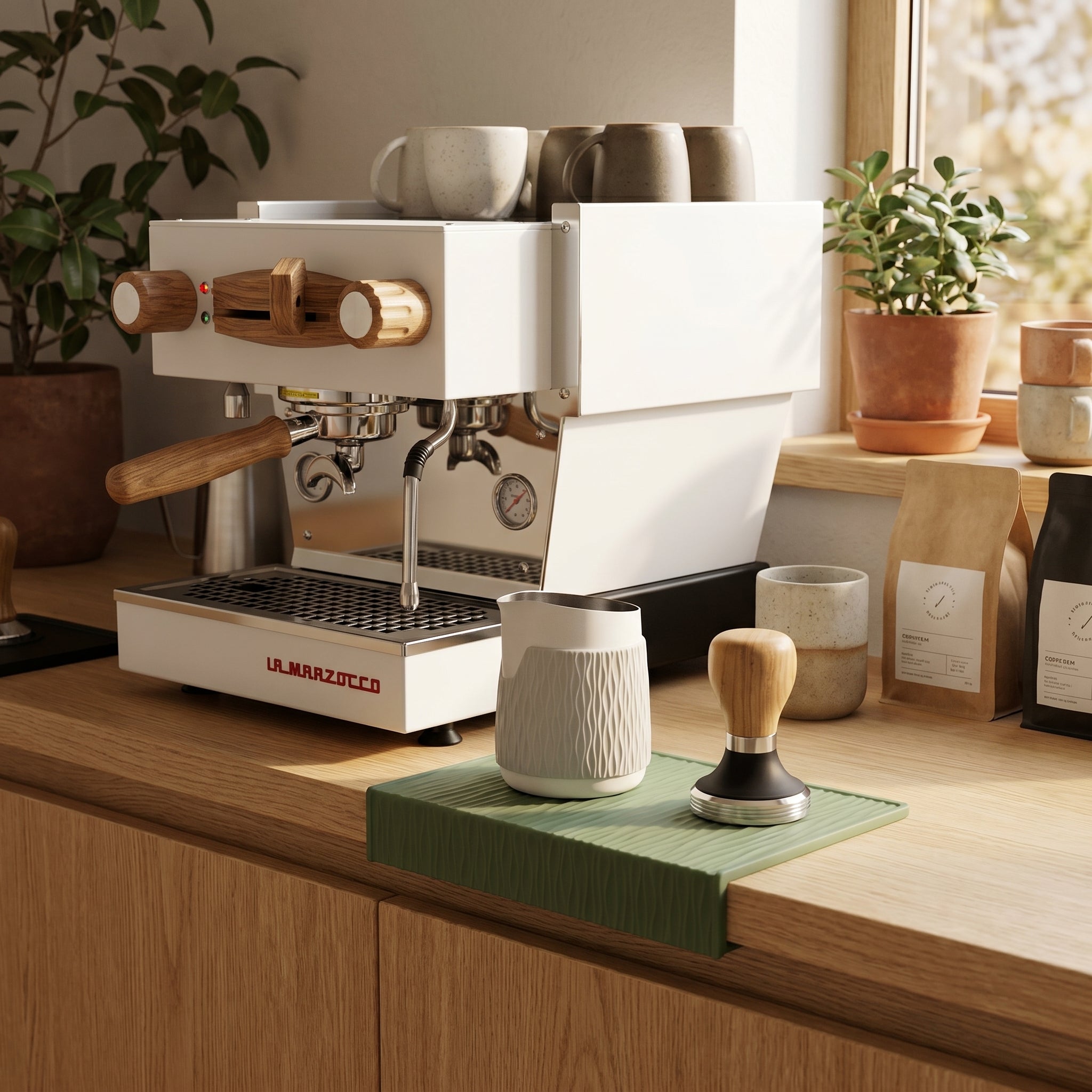 A minimalist espresso station setup featuring a white commercial espresso machine and a laurel green corner drop tamping mat on a light oak counter.