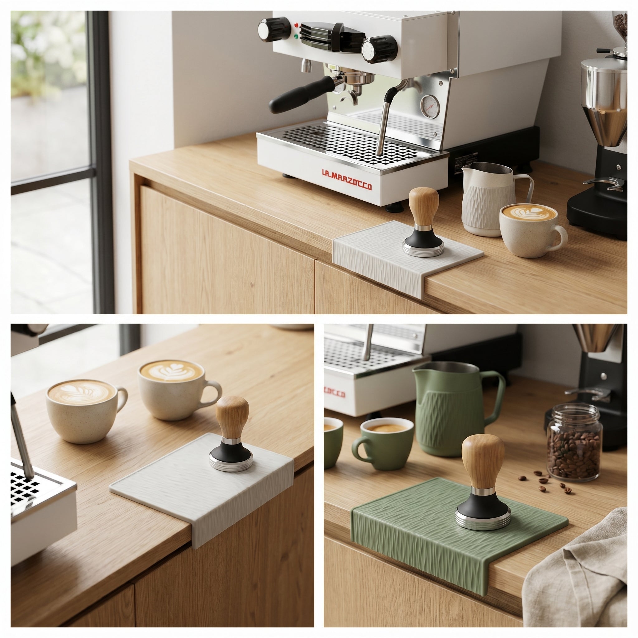 A multi-view design collage showcasing the silicone corner tamping mat styled in different colorways across clean, modern coffee bar configurations.