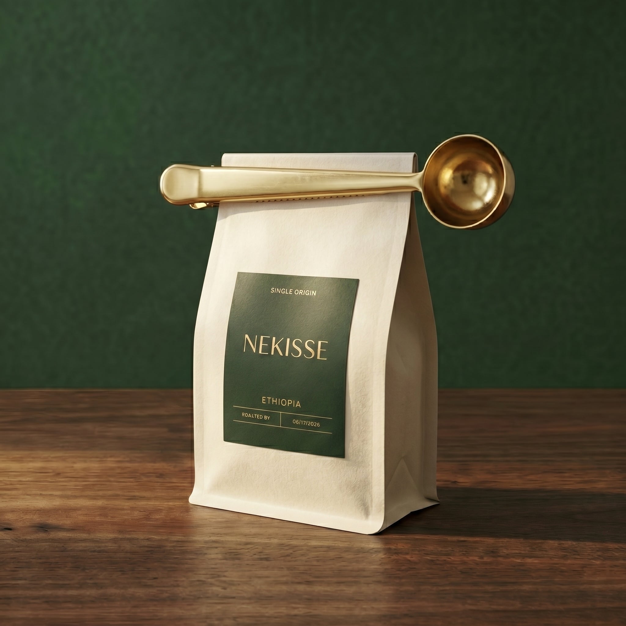 The Dalton tapered dosing clamp in satin brass sealing a beige single-origin coffee bag horizontally on a rich walnut surface.