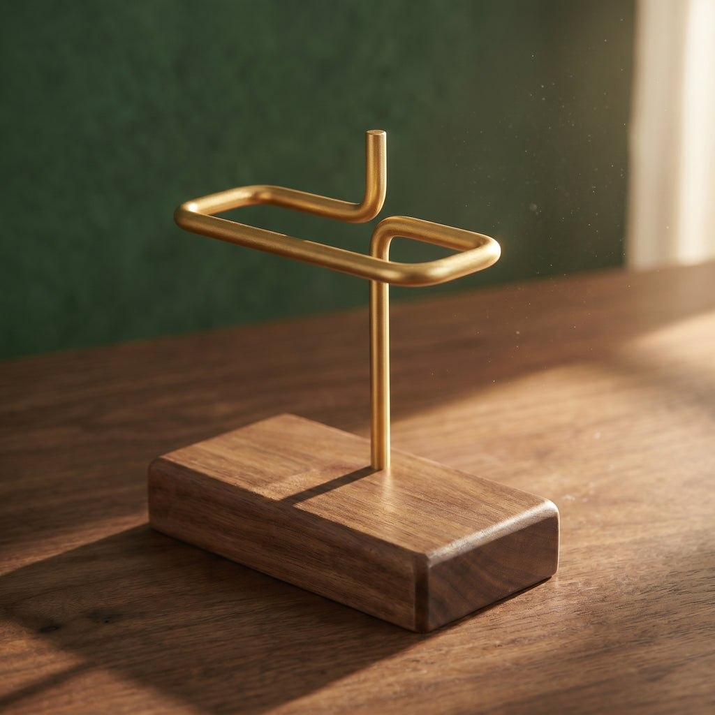 Sharp afternoon sunlight highlighting the open brass loop and rich walnut base plate of the empty Gable filter stand on a dark timber surface.