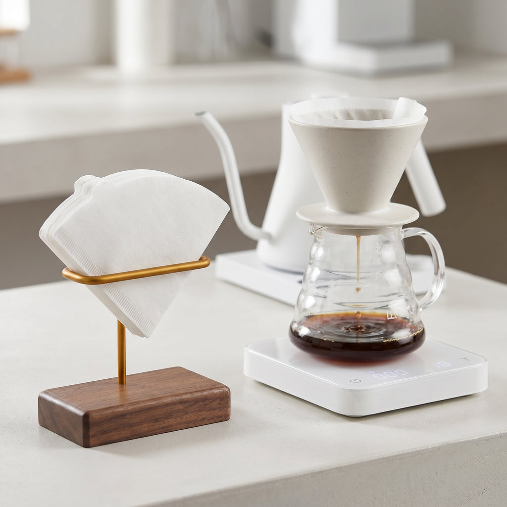 A bright slow-bar station featuring the Gable walnut filter stand next to a minimalist white gooseneck kettle and a glass carafe extracting fresh coffee.