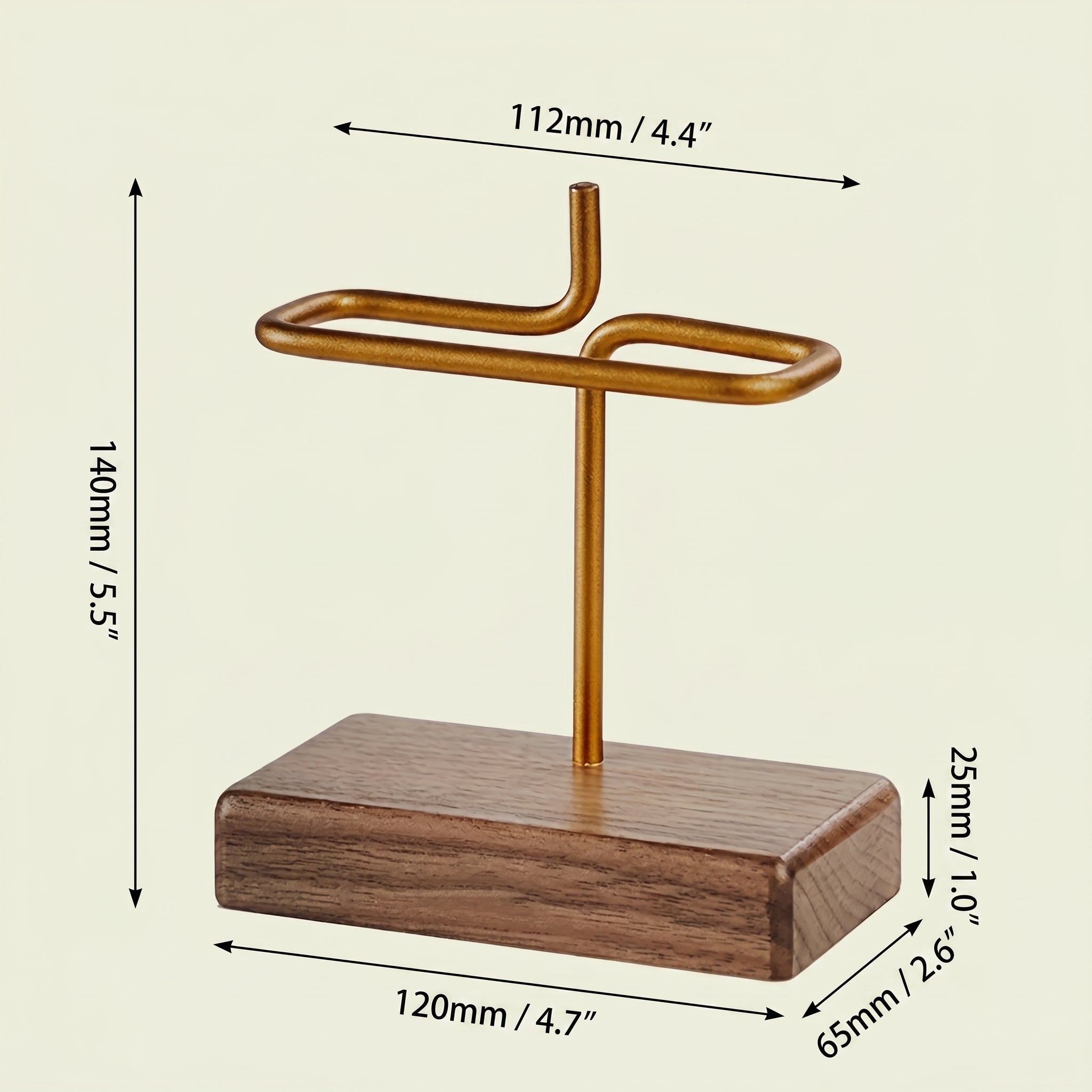 Dimensional engineering schematic documenting the exact millimeter and inch measurements for the height, base, and aluminum wire loop of the Gable filter stand.