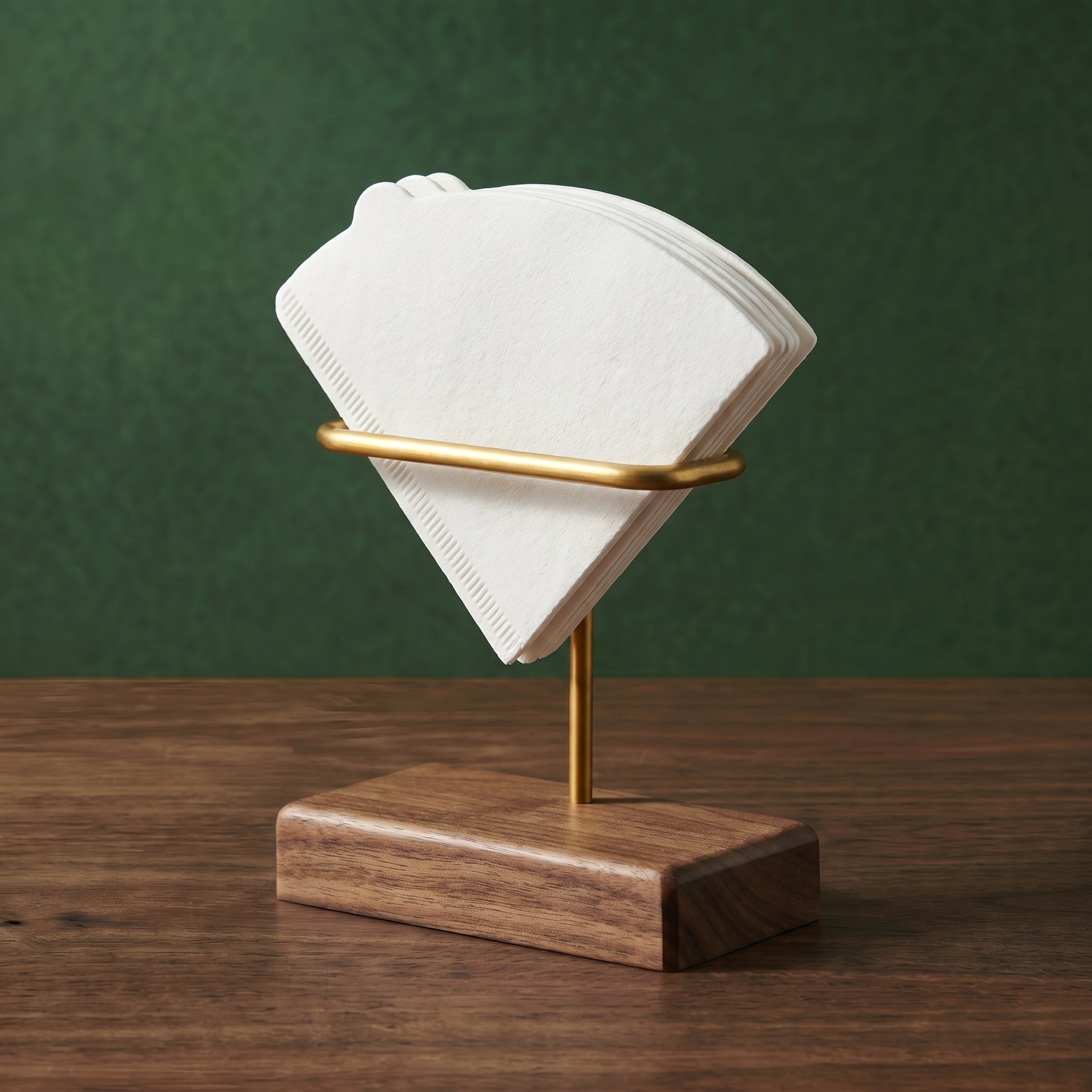 Architectural three-quarter view of the Gable floating filter cradle in solid walnut and brass holding white cone paper filters on a dark wood table against a forest green background.