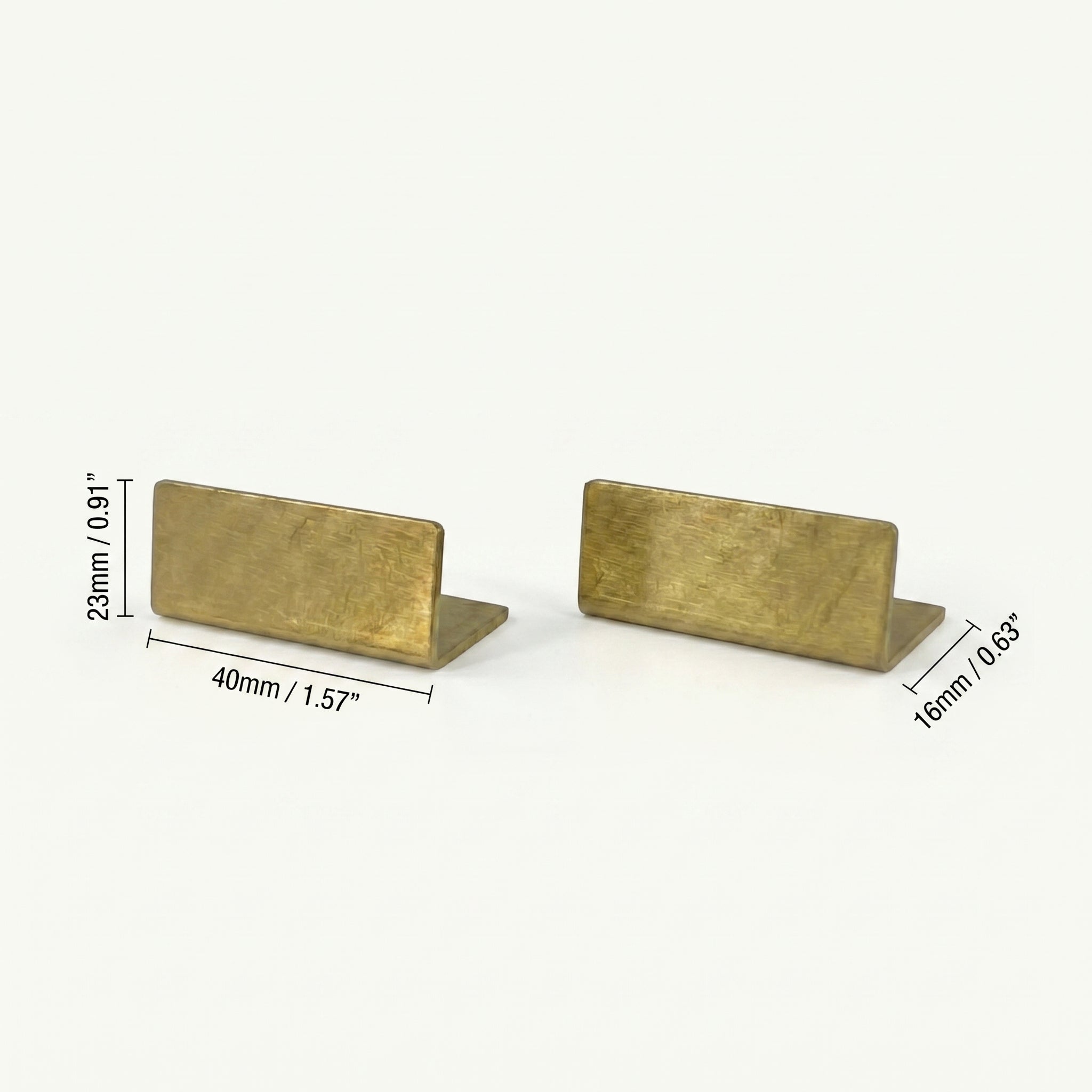 Dimension matrix schematic for the Hayden L-shaped solid brass card stand showing height, width, and base depth in millimeters and inches.