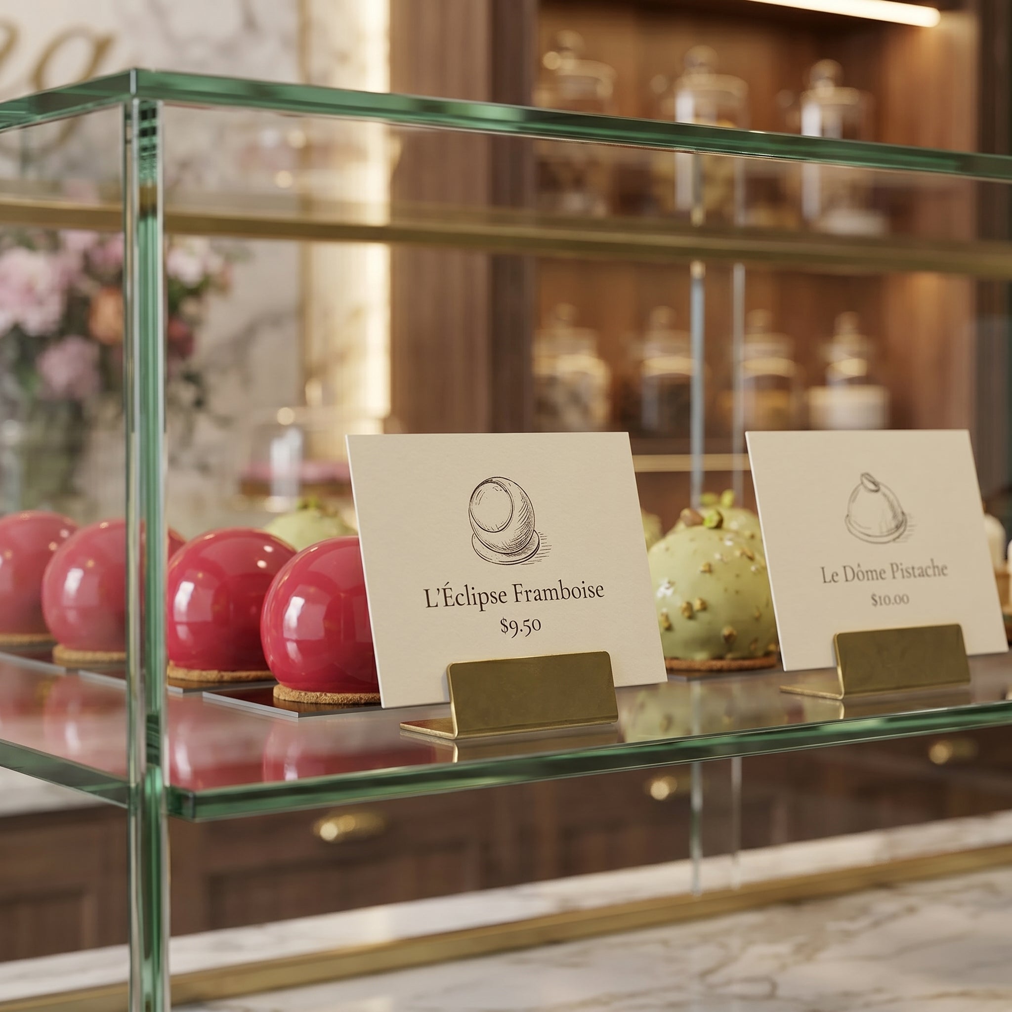 Minimalist brass place card holders displaying pastry names inside a clean glass bakery display case next to modern pastries.