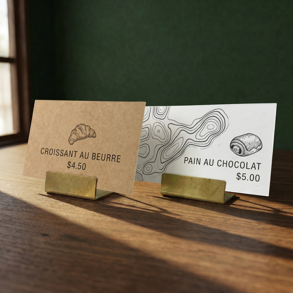 The Hayden burnished brass display blocks holding handwritten craft paper menu cards for pastries on a sunlit wooden cafe counter.