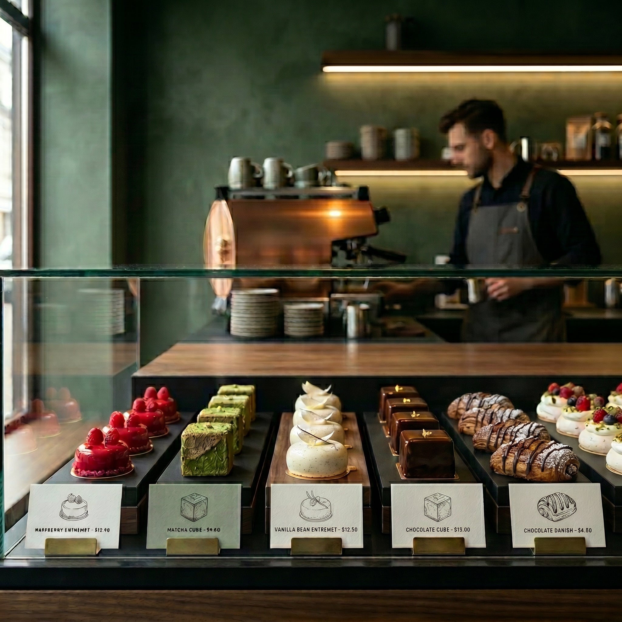 A modern espresso bar workstation with line-drawn menu cards anchored by low-profile satin brass sign blocks in front of a display.