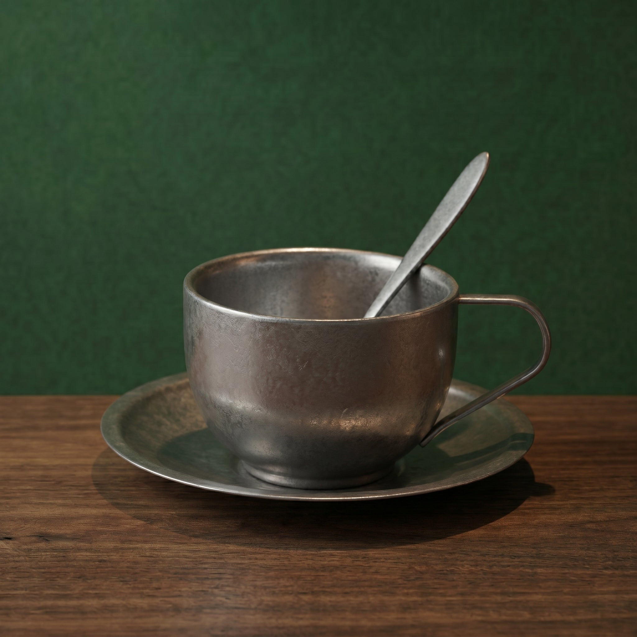 Side profile view of the high-contoured double-walled stainless steel coffee mug and saucer under ambient lighting.