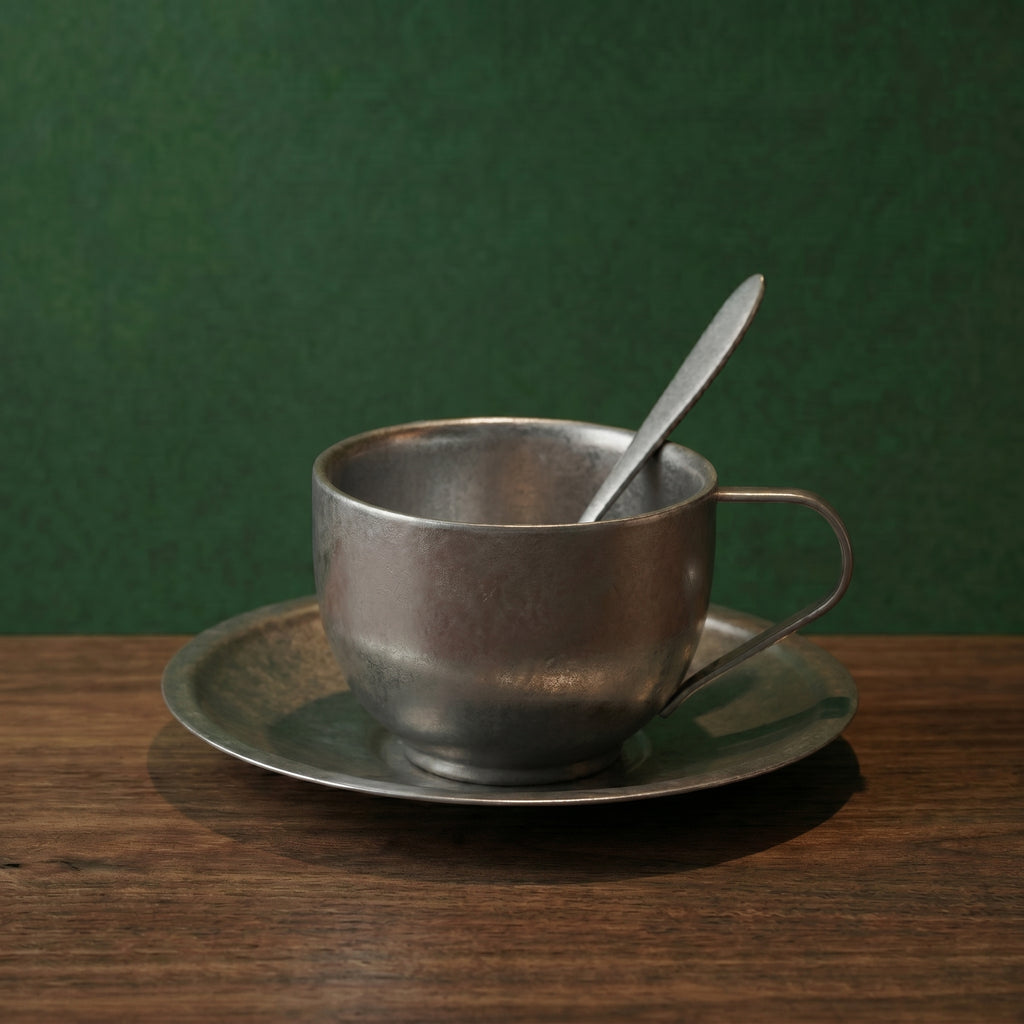 Close-up profile of the low-contoured frosted steel cup and saucer resting on a rustic wooden service counter.