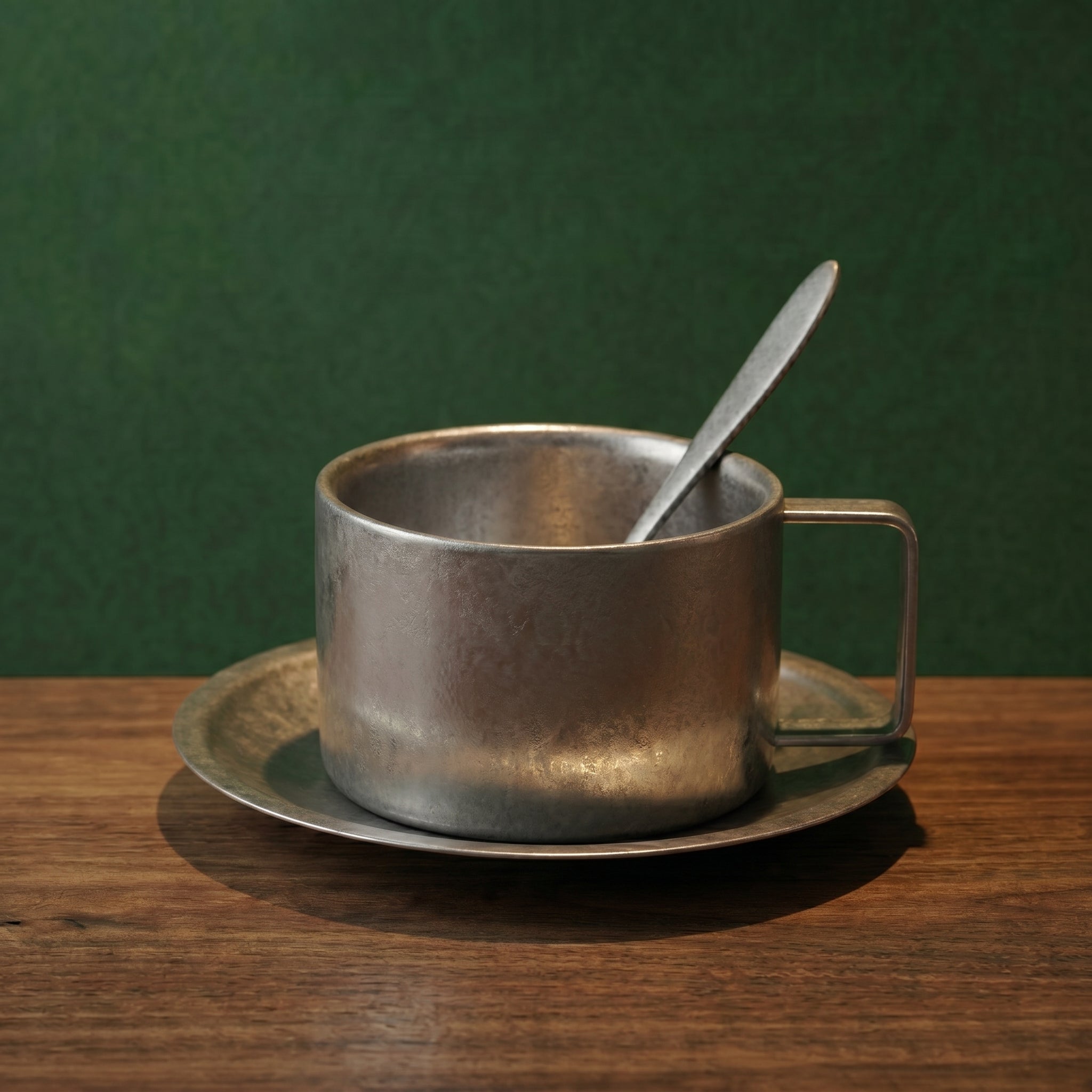 Detailed studio view of the low-cylindrical industrial matte metal coffee cup, saucer, and spoon set.
