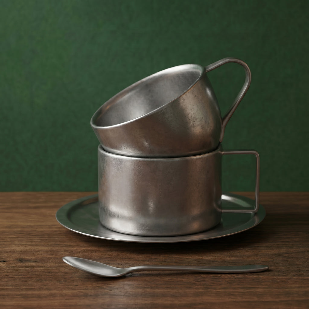 Minimalist frosted industrial stainless steel cup set for modern bistro tables, showcasing a double-wall textured patina design with a matching saucer and spoon.