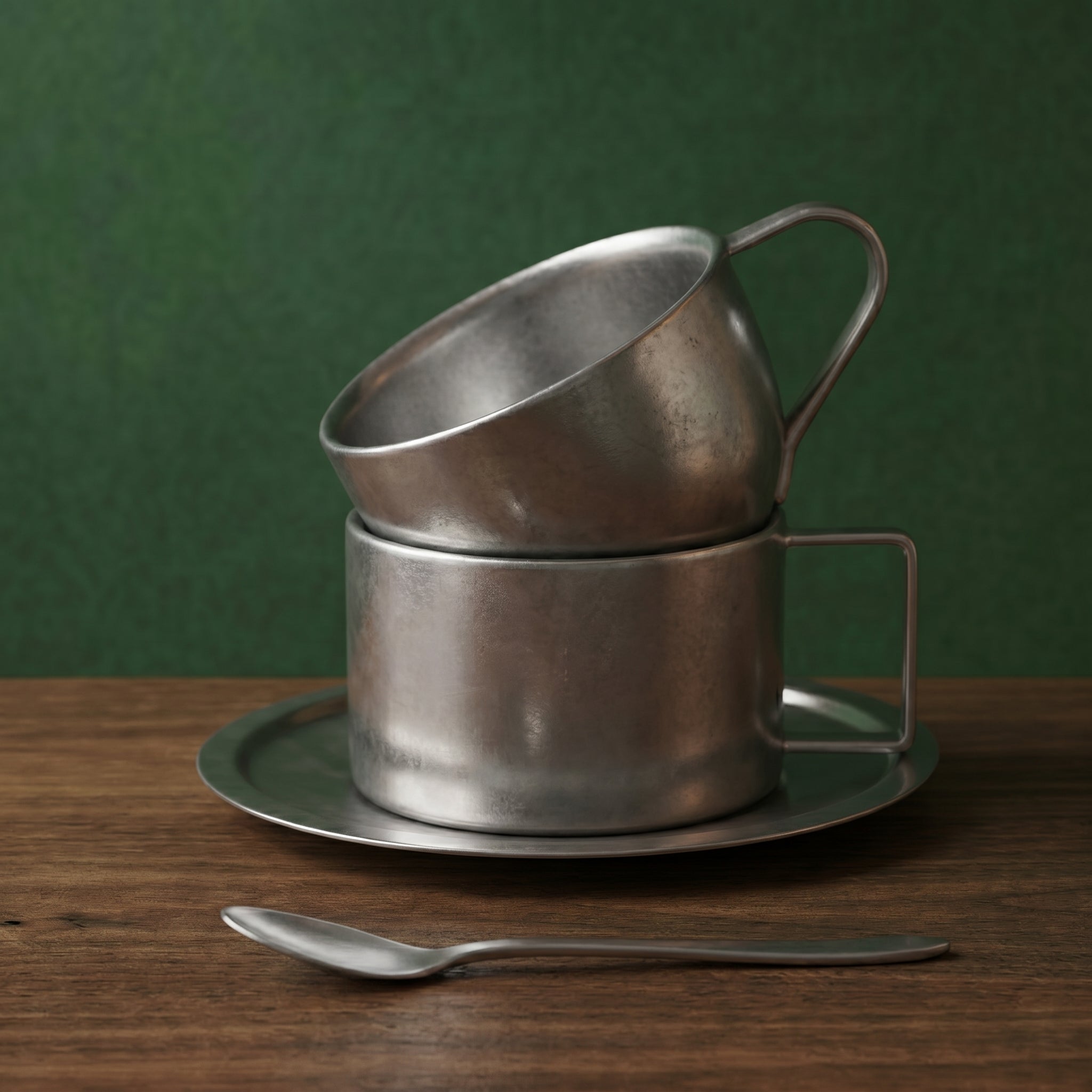 Minimalist frosted industrial stainless steel cup set for modern bistro tables, showcasing a double-wall textured patina design with a matching saucer and spoon.