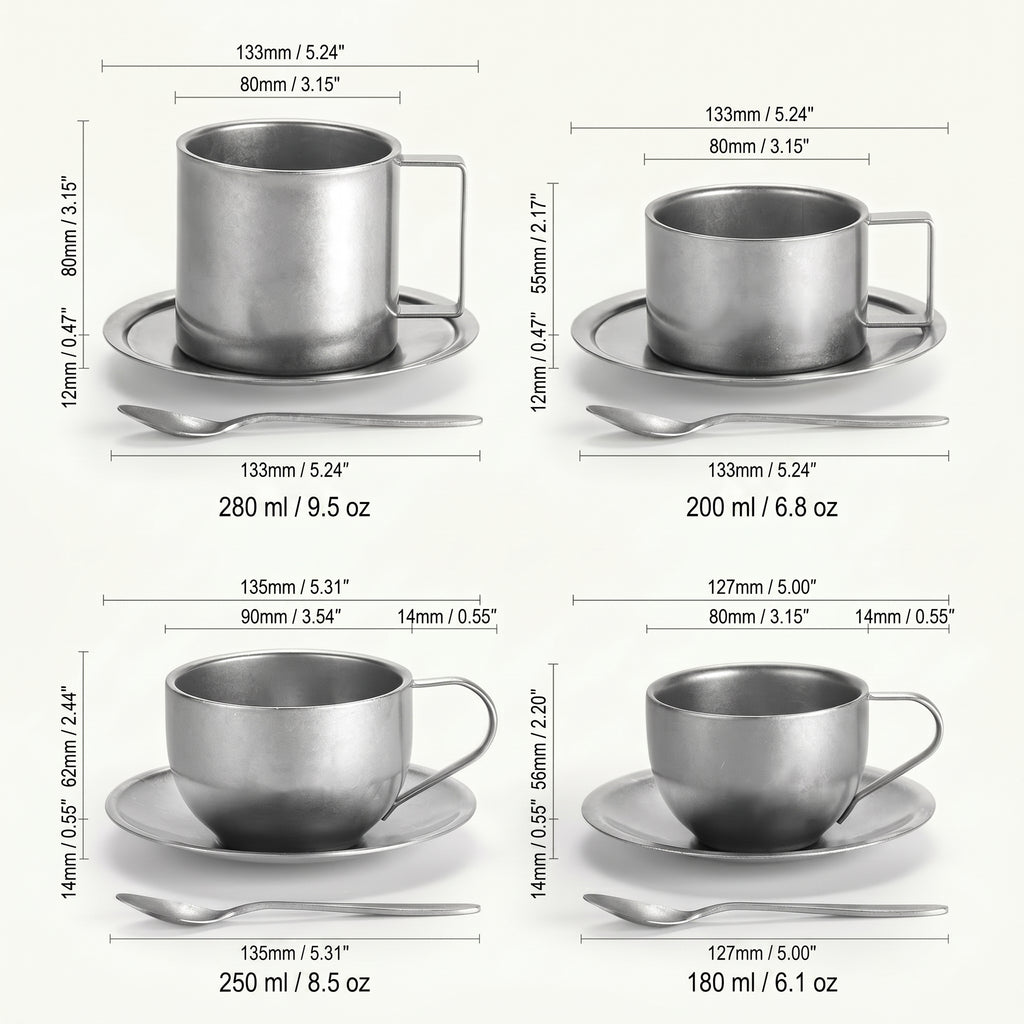 Sizing and dimension matrix diagram for four variants of the Mercer industrial stainless steel cup collection, detailing fluid ounces and millimeter measurements.