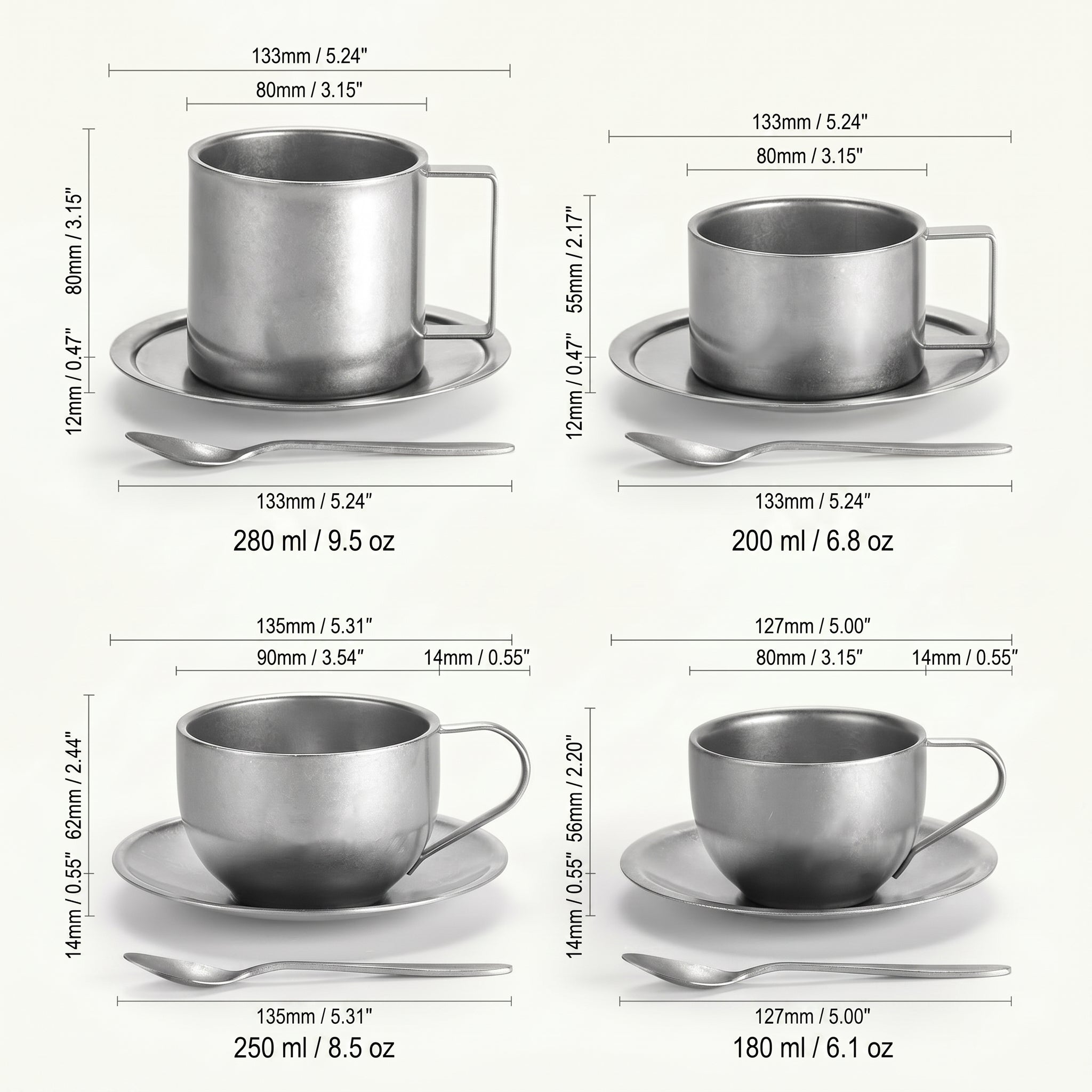 Sizing and dimension matrix diagram for four variants of the Mercer industrial stainless steel cup collection, detailing fluid ounces and millimeter measurements.