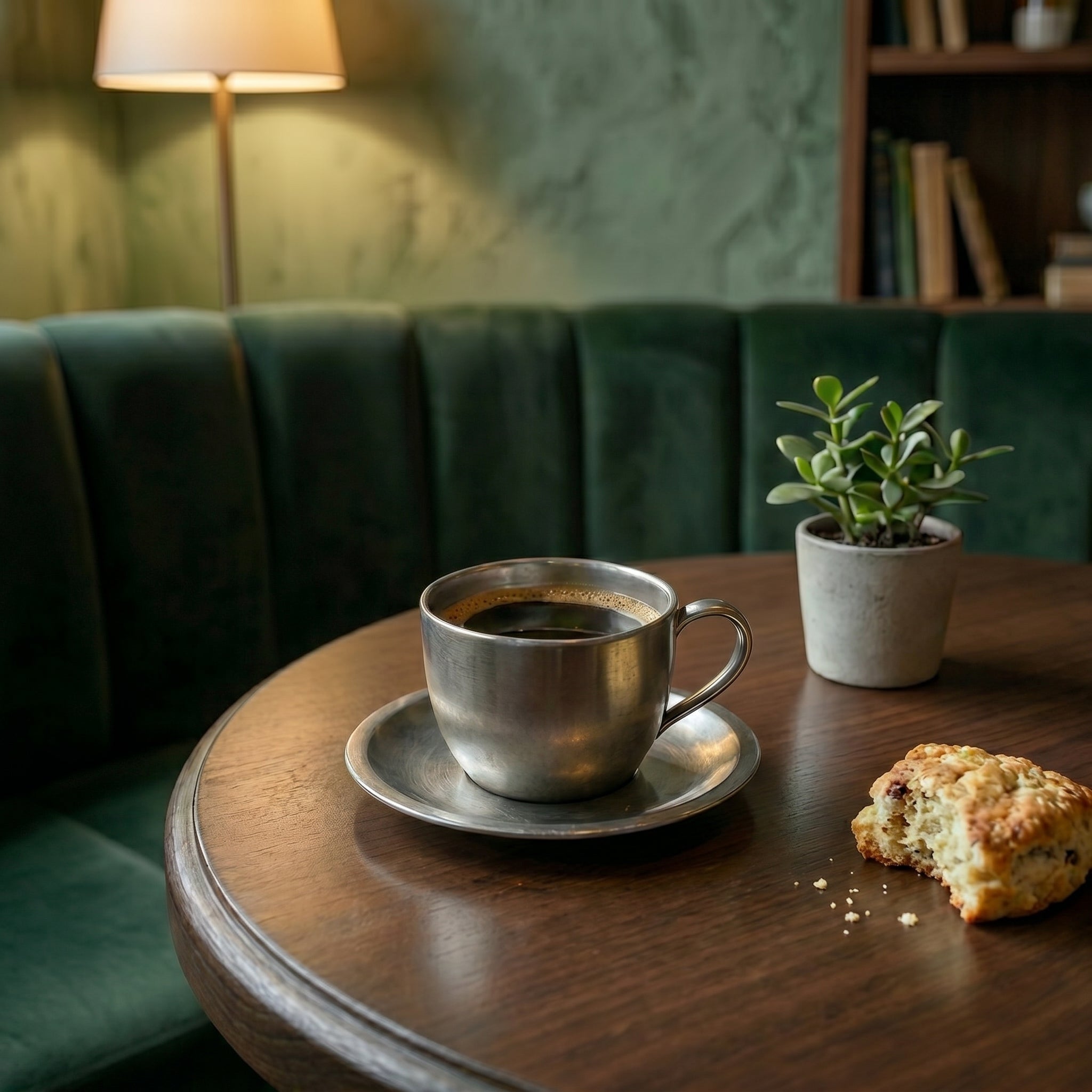 A frosted stainless steel espresso cup and saucer set on a dark wood table in a boutique cafe lounge with green velvet seating.