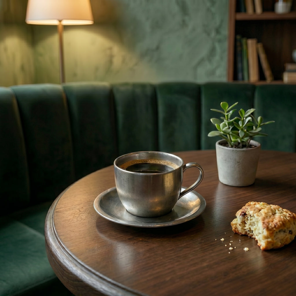 A frosted stainless steel espresso cup and saucer set on a dark wood table in a boutique cafe lounge with green velvet seating.