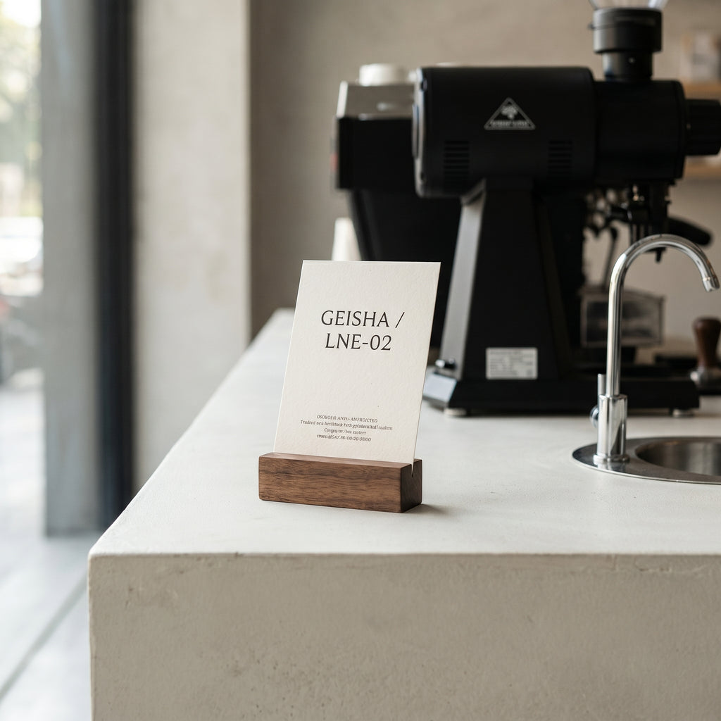 A black walnut display block holding a small white identity card on a white concrete coffee bar countertop next to a commercial espresso grinder.