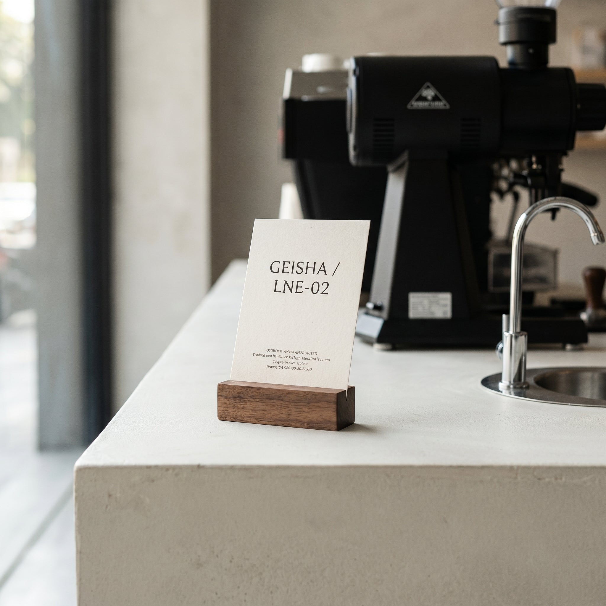 A black walnut display block holding a small white identity card on a white concrete coffee bar countertop next to a commercial espresso grinder.