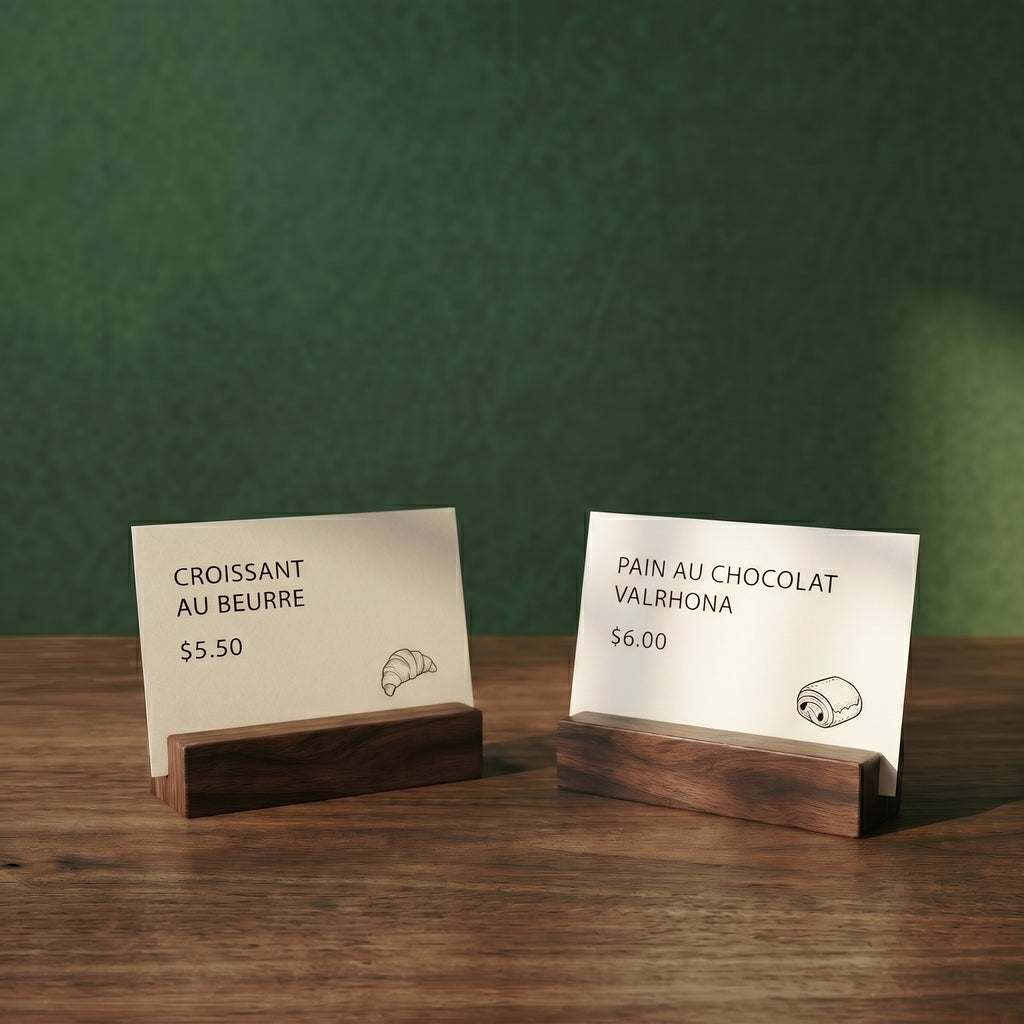 Two Radcliffe black walnut display blocks holding minimalist, hand-illustrated menu cards for a croissant and pain au chocolat on a wooden tabletop against a dark forest green wall.