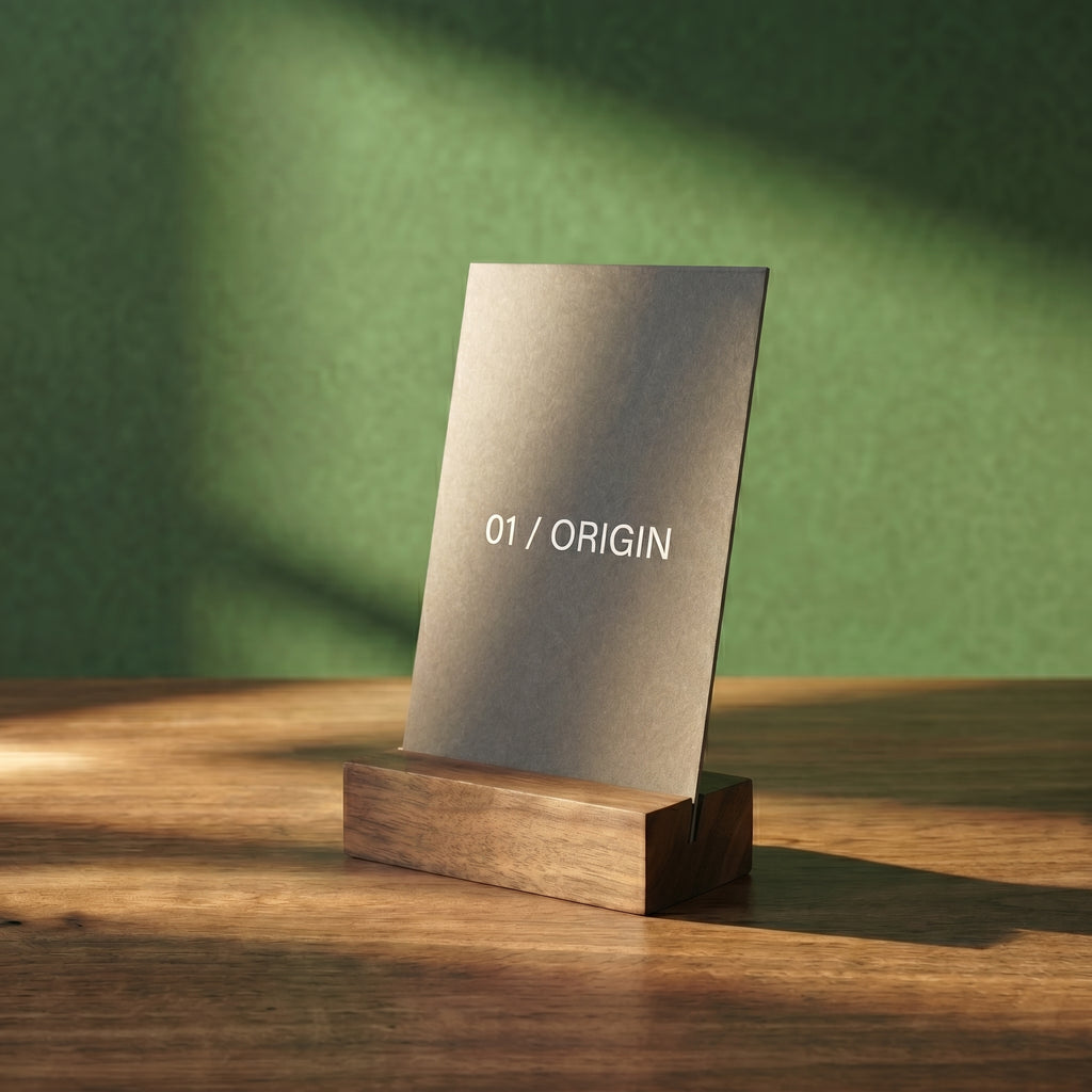 A close-up graphic profile view of a single walnut block anchoring a dark grey single-origin card under slanting afternoon window shadows against a green backdrop.