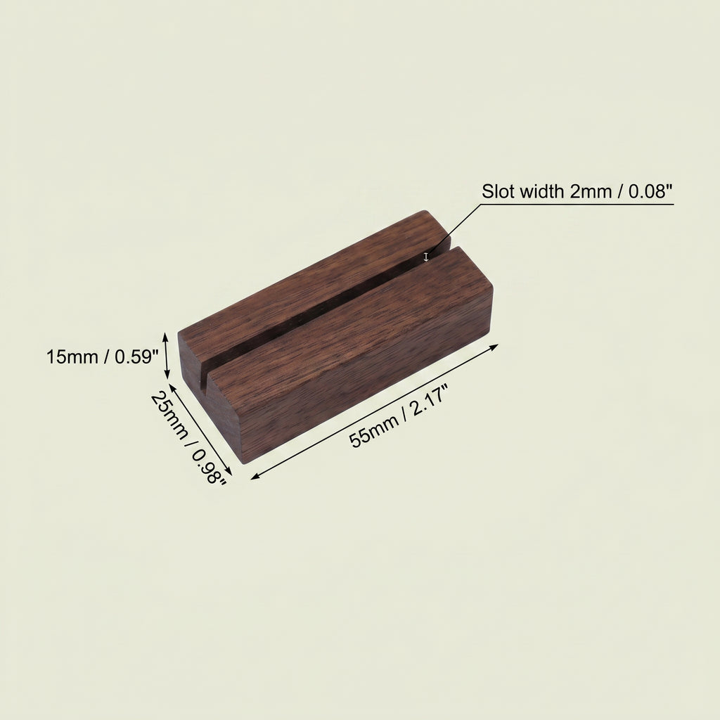 Technical isometric sizing schematic documenting the 55mm length, 25mm width, 15mm height, and 2mm angled channel path for the Vertical Identity variant of the walnut block.
