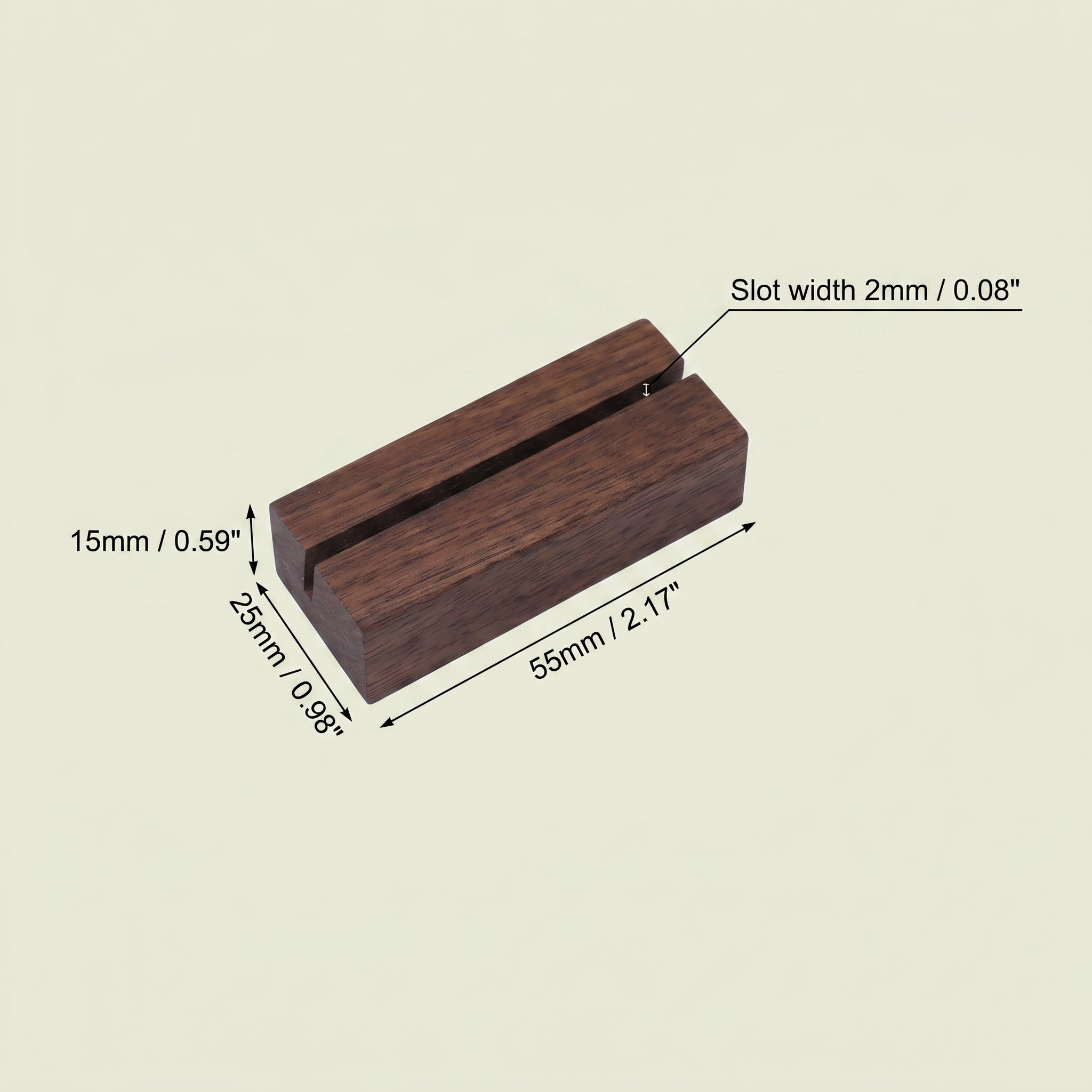 Technical isometric sizing schematic documenting the 55mm length, 25mm width, 15mm height, and 2mm angled channel path for the Vertical Identity variant of the walnut block.