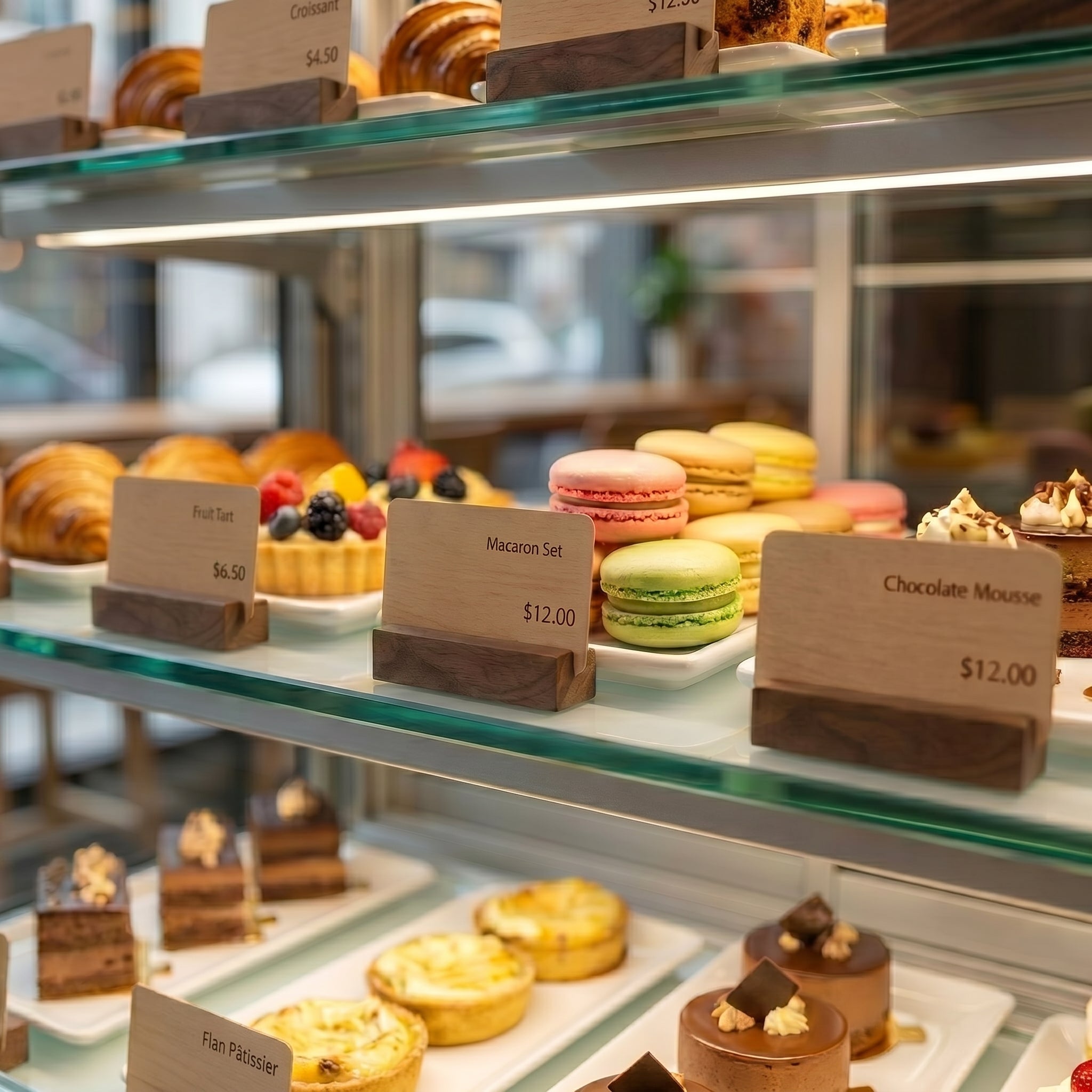 A professional glass bakery display case shelf featuring rows of colorful macarons and tarts labeled with black walnut display blocks holding price tags.