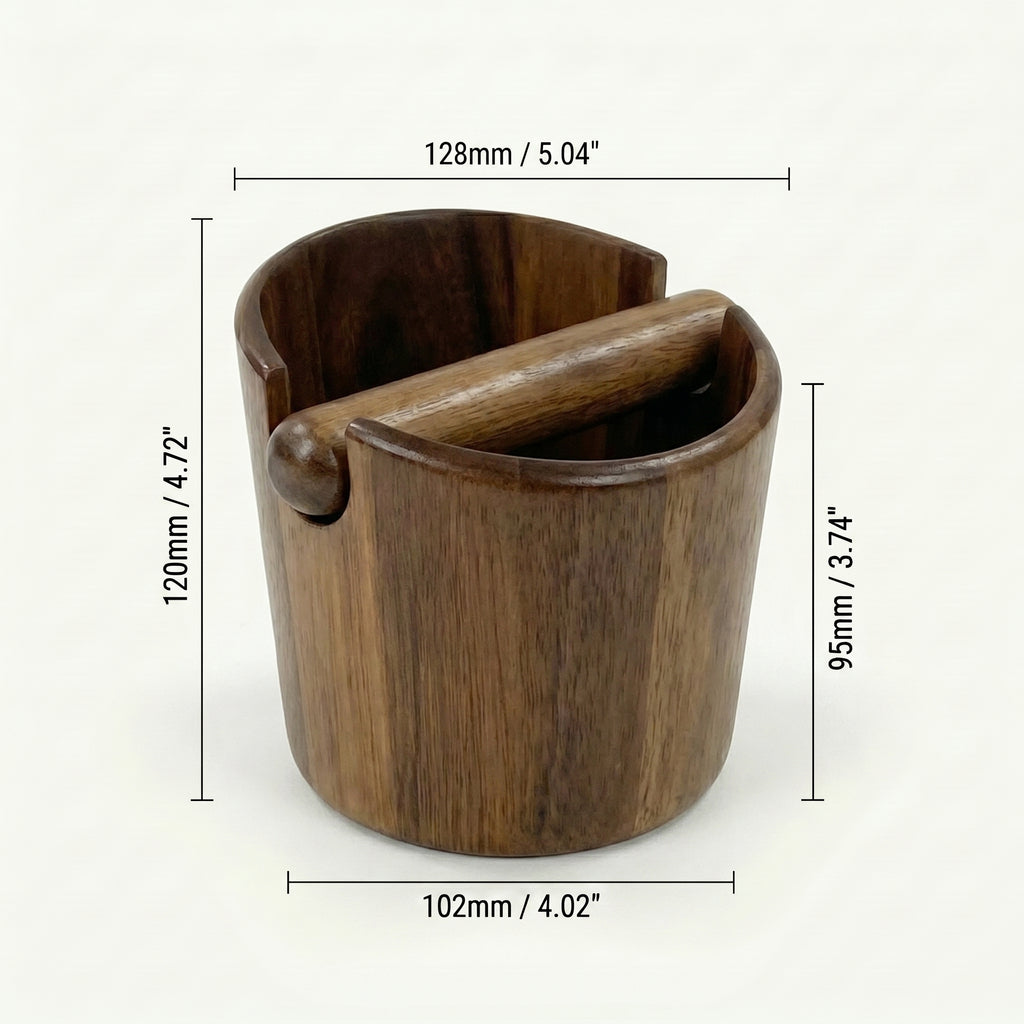 Sizing layout schematic documenting the millimeter and inch measurements for the top opening, base footprint, and side profile height of the Sinclair sculpted wood knock box