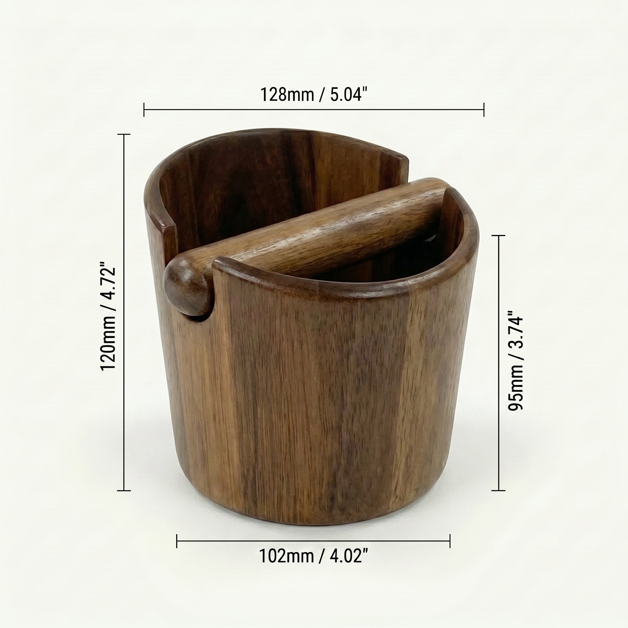 Sizing layout schematic documenting the millimeter and inch measurements for the top opening, base footprint, and side profile height of the Sinclair sculpted wood knock box