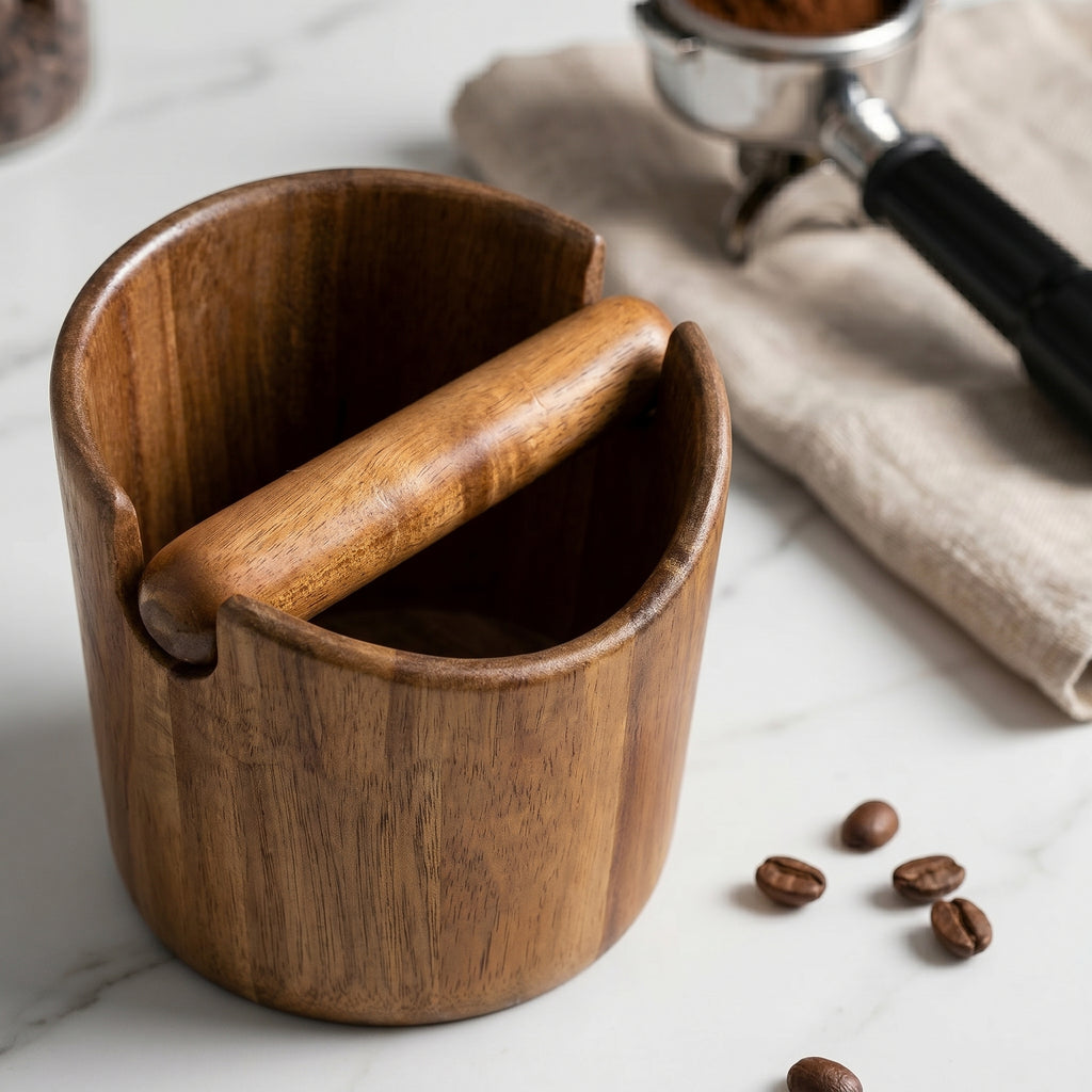 Studio arrangement showcasing the smooth Sinclair sculpted acacia wood waste box paired with a commercial portafilter and whole coffee beans on a white marble backdrop.