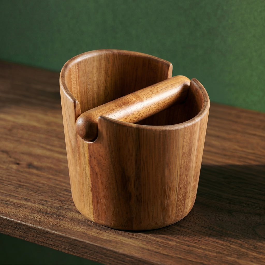 Close-up profile of the Sinclair sculpted acacia wood knock box resting on a dark timber surface against a muted forest green wall.