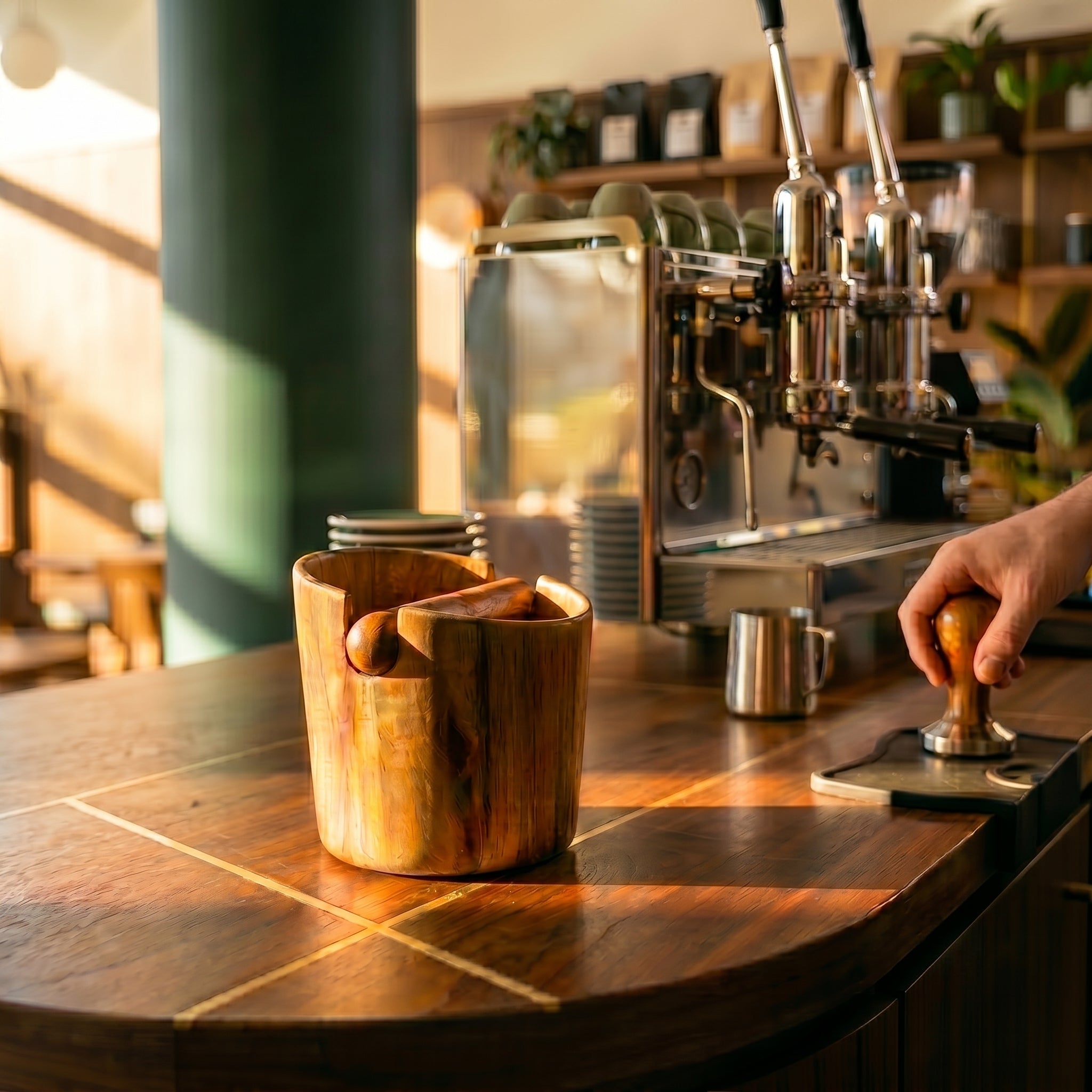 Warm afternoon sunlight highlighting the contoured Sinclair wooden knock box on a brass-inlaid espresso counter next to a barista workflow station.