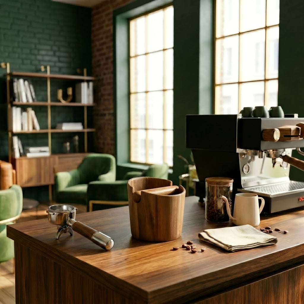 Mid-century modern boutique cafe environment featuring a dark walnut service table, professional espresso machinery, and the Sinclair sculpted wood spent-grounds bucket.
