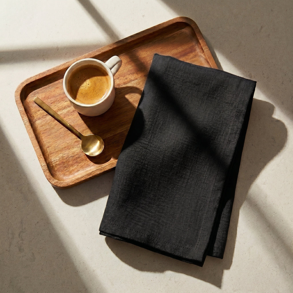 The Sutton stonewashed linen napkin in charcoal black laid out on a wooden tray with a minimalist coffee setup.