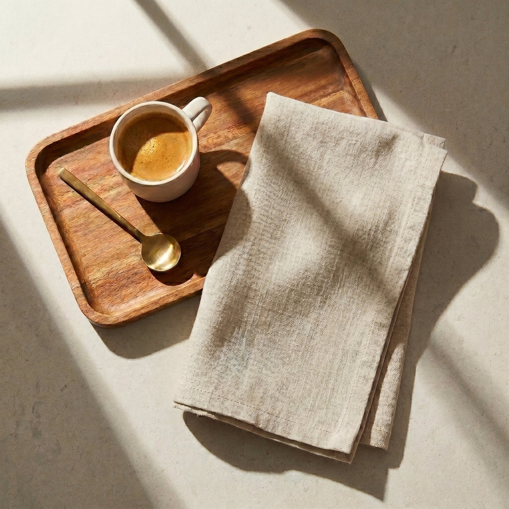 The Sutton natural French flax linen napkin in raw flax beige paired with an espresso cup on a modern hospitality serving tray.