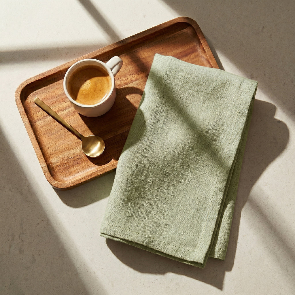 The Sutton table linen napkin in sage green displayed on a wooden service tray next to a ceramic espresso cup.